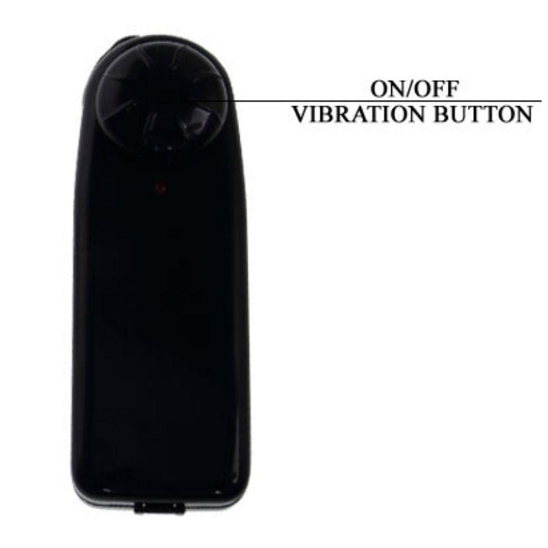 Un dispositivo negro con un botón de vibración de encendido/apagado sobre fondo blanco.