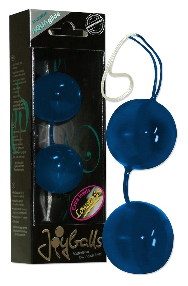 Blaue Joyballs Kugeln mit weißer Kordel und schwarzer Verpackung.