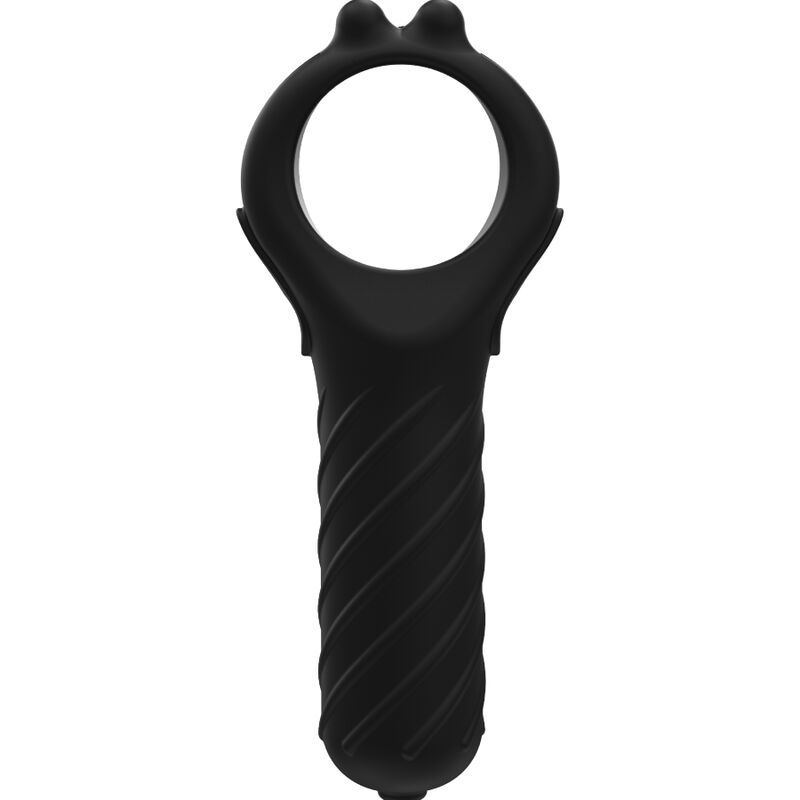 Ein schwarzes Silikongerät mit rundem Ring und geriffeltem Griff auf weißem Hintergrund.
