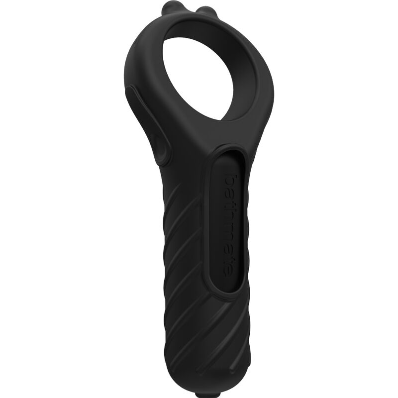 Ein schwarzes Silikongerät mit einem großen Ring oben und strukturiertem Griff.