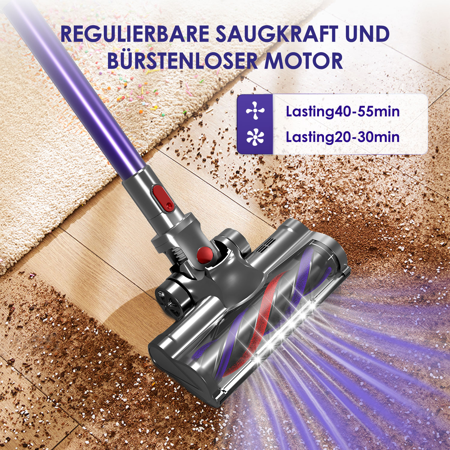 Lila kabelloser Staubsauger reinigt einen Holzboden und Teppich mit Krümeln.