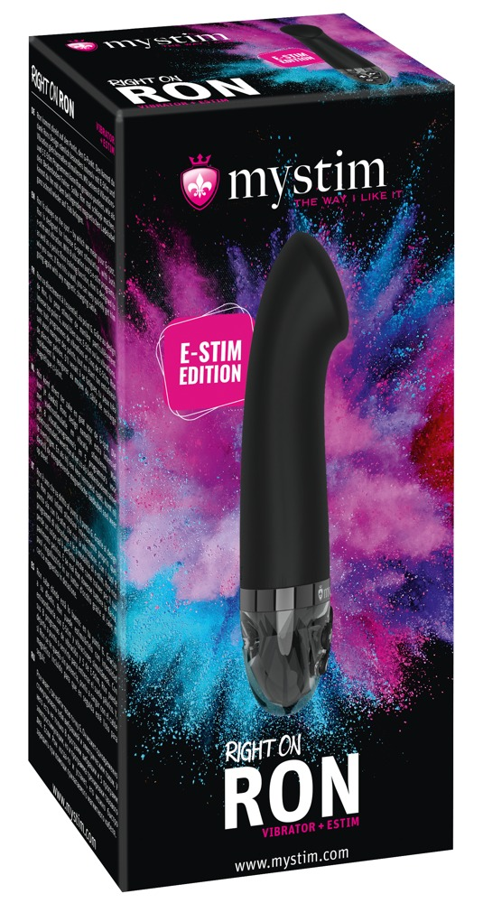 Schwarze Produktverpackung des Mystim Right On Ron Vibrators vor einem bunten Hintergrund mit Farbpulver.