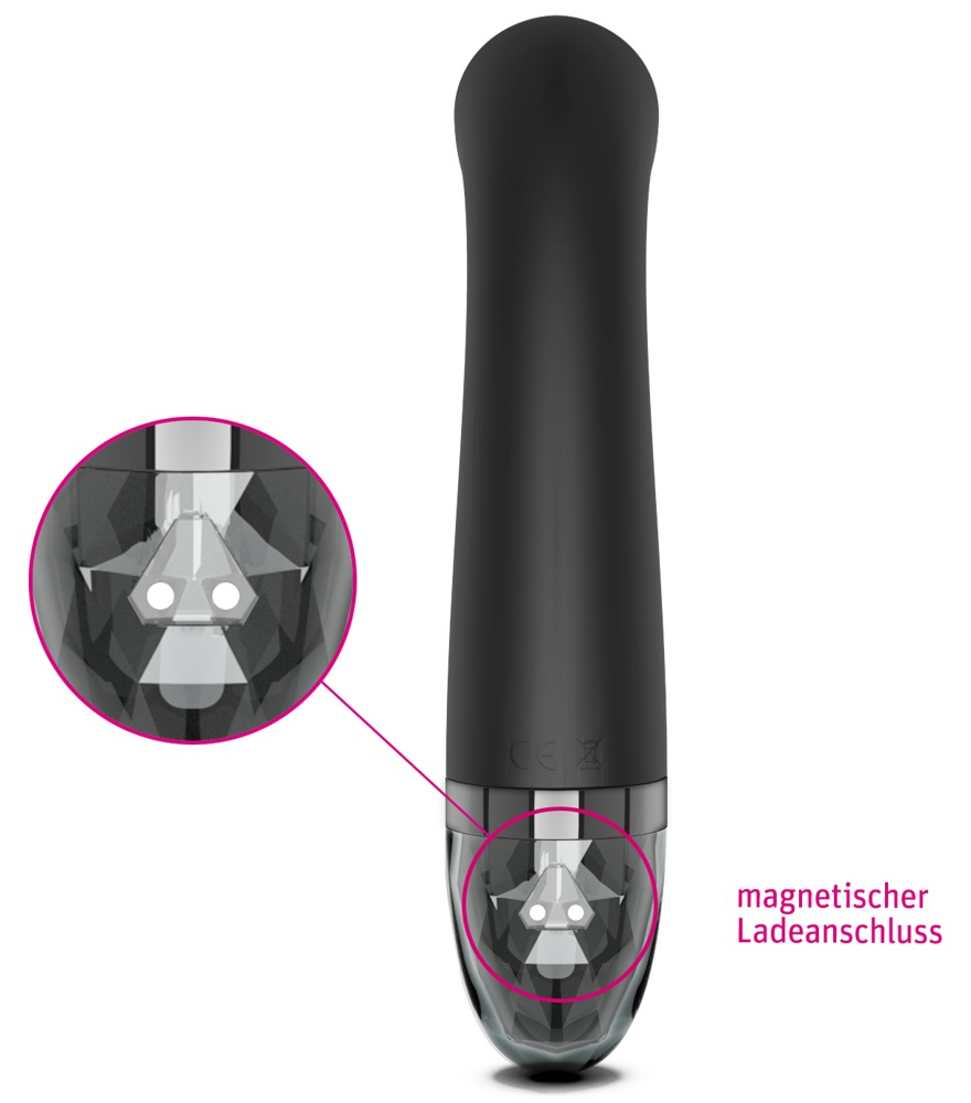 Schwarzes Sexspielzeug mit vergrößertem magnetischem Ladeanschluss.
