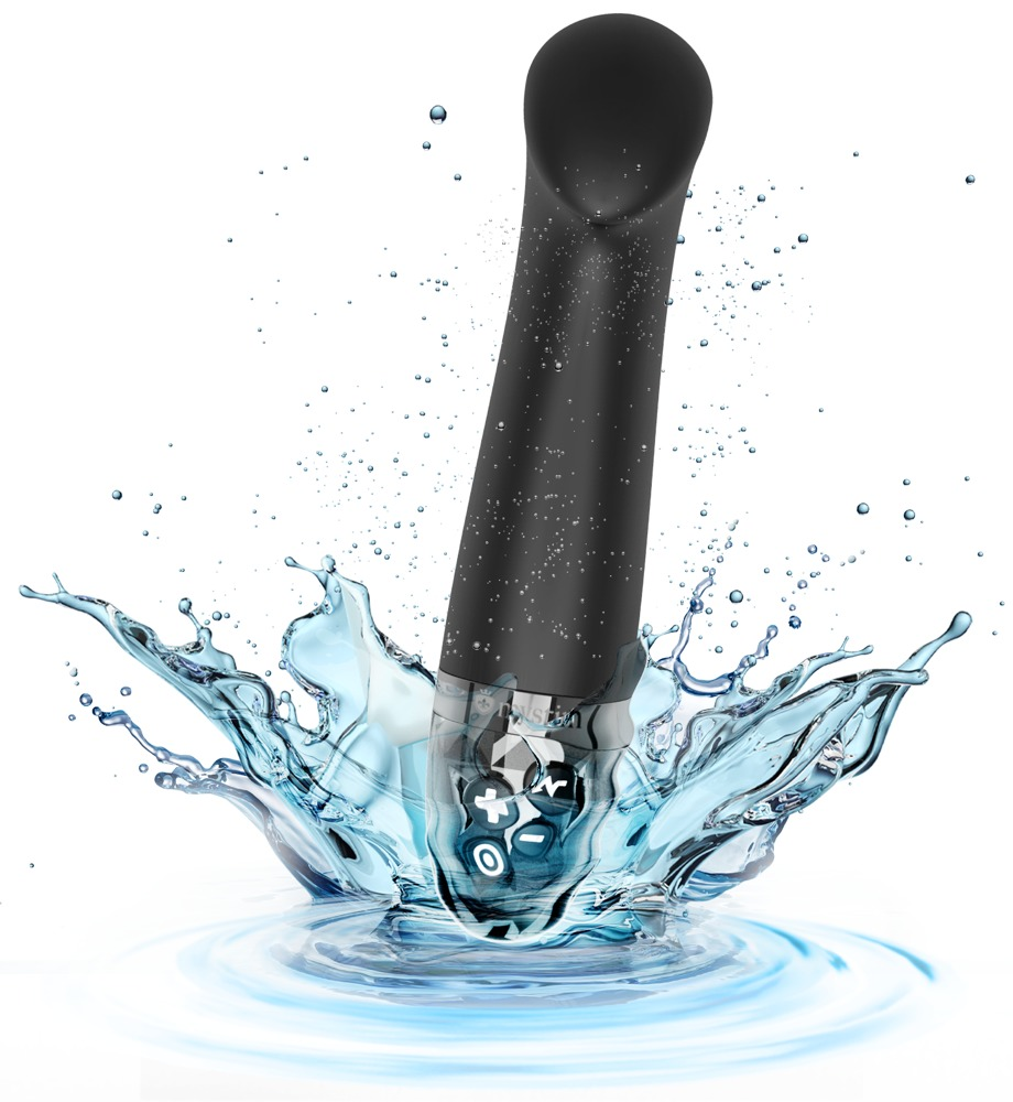 Ein schwarzer Dildo erzeugt einen Wasserspritzer auf weißem Hintergrund.
