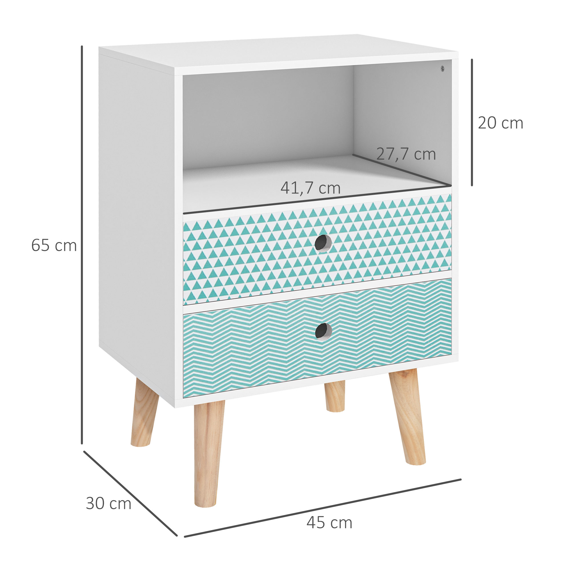 Mesita de noche blanca con patas de madera, dos cajones estampados y medidas.