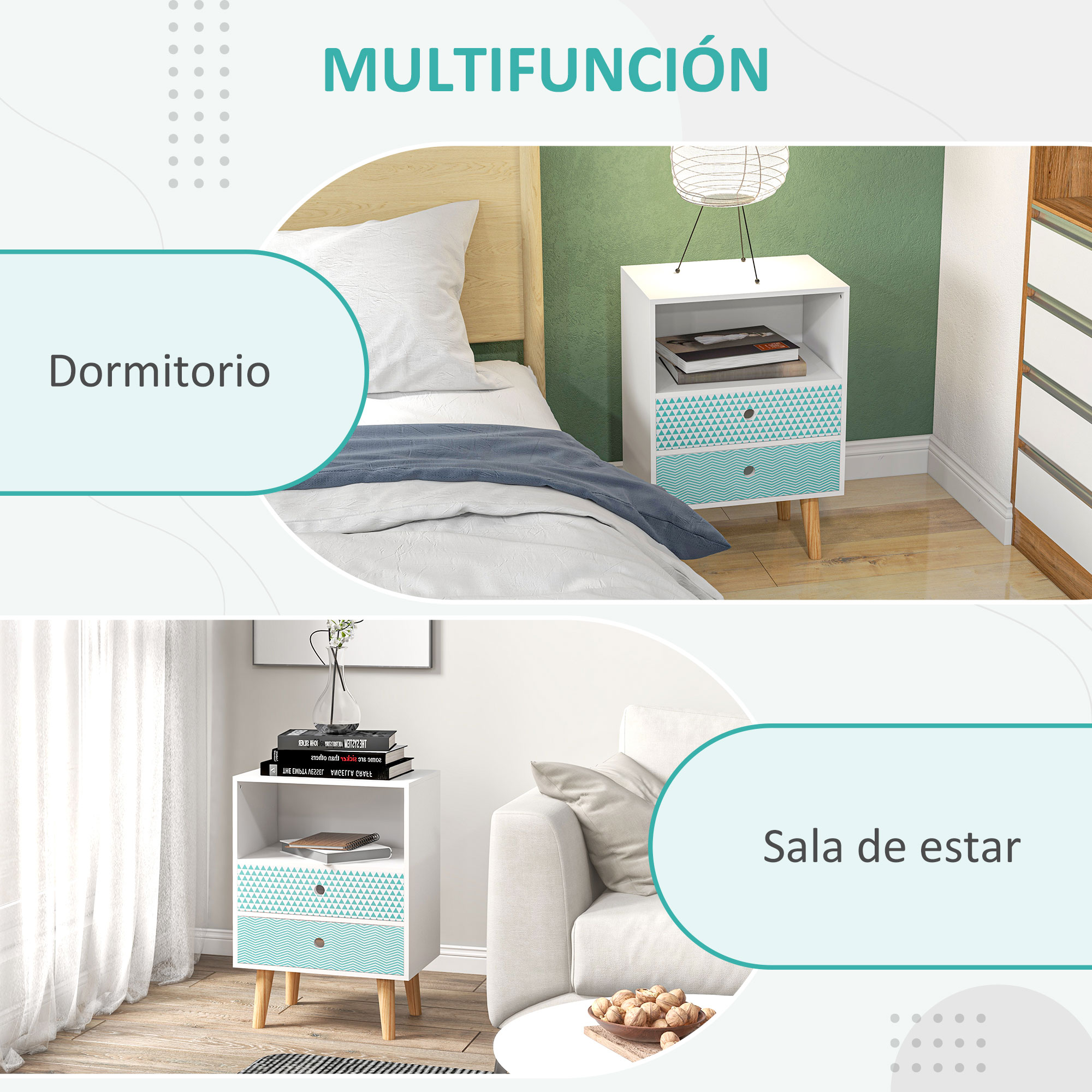 Una mesita de noche multifuncional con cajones estampados en turquesa, en dormitorio y sala.