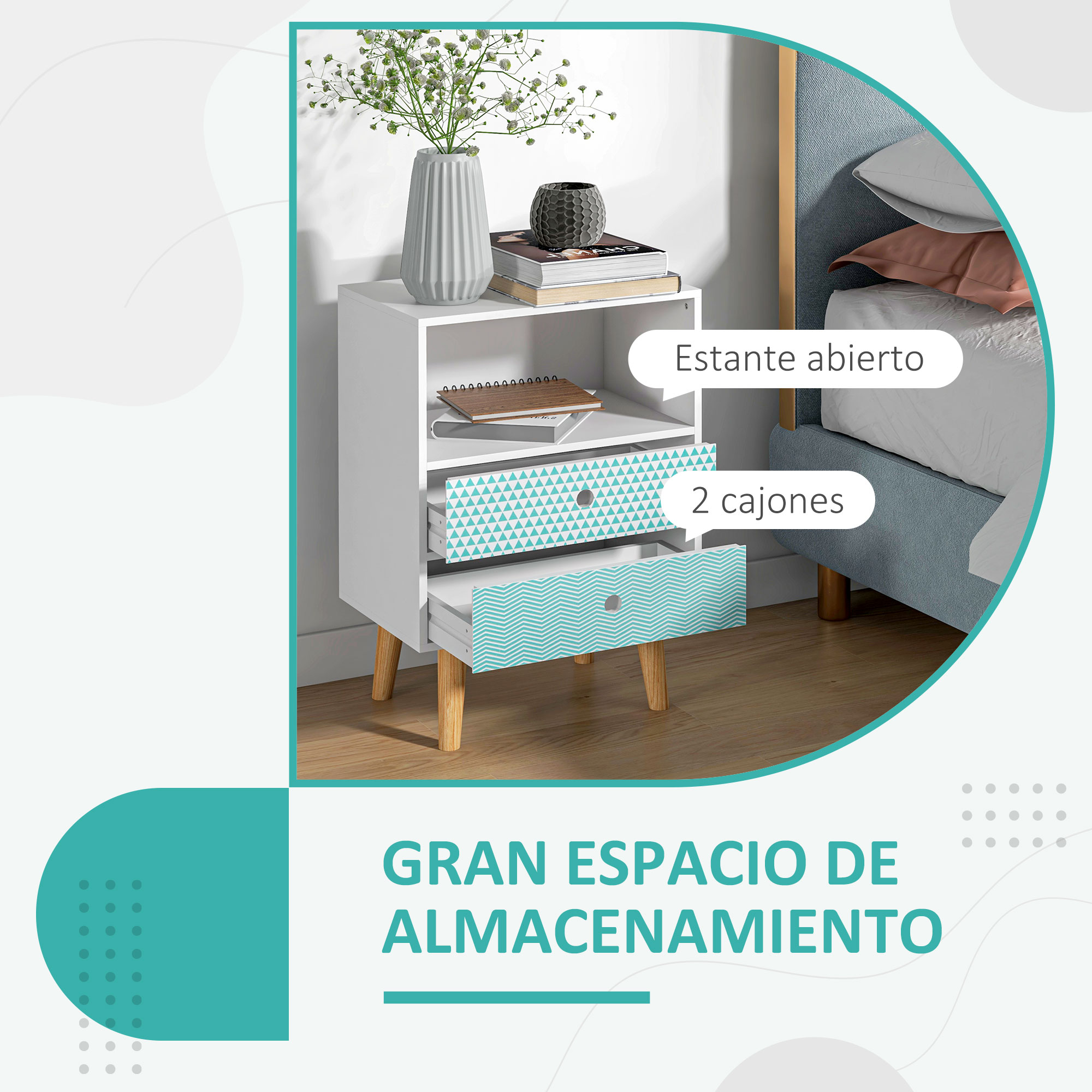 Mesita de noche blanca con estante abierto y dos cajones estampados junto a una cama.