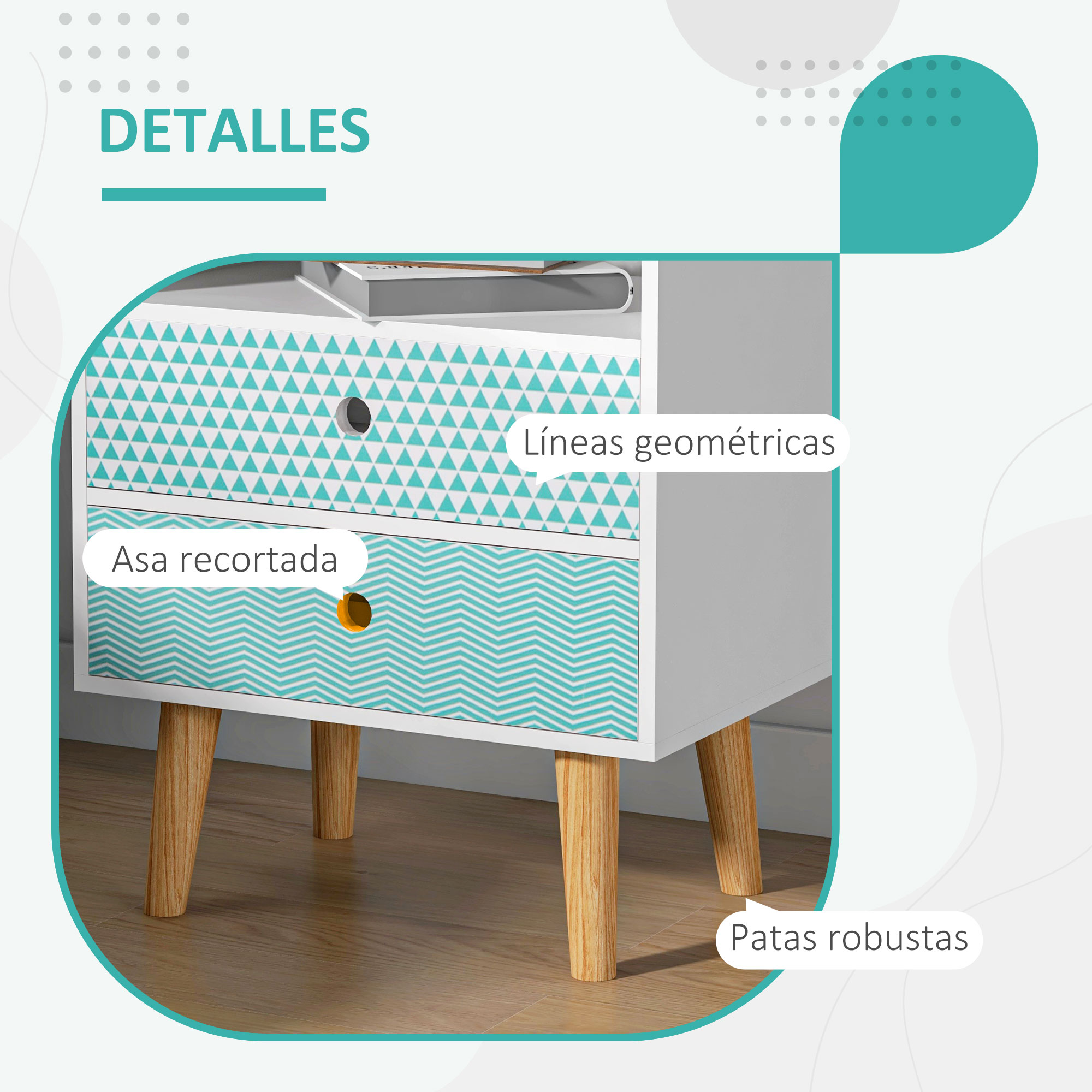 Mesita de noche blanca con cajones turquesas geométricos, tiradores circulares y patas de madera sobre suelo de madera.