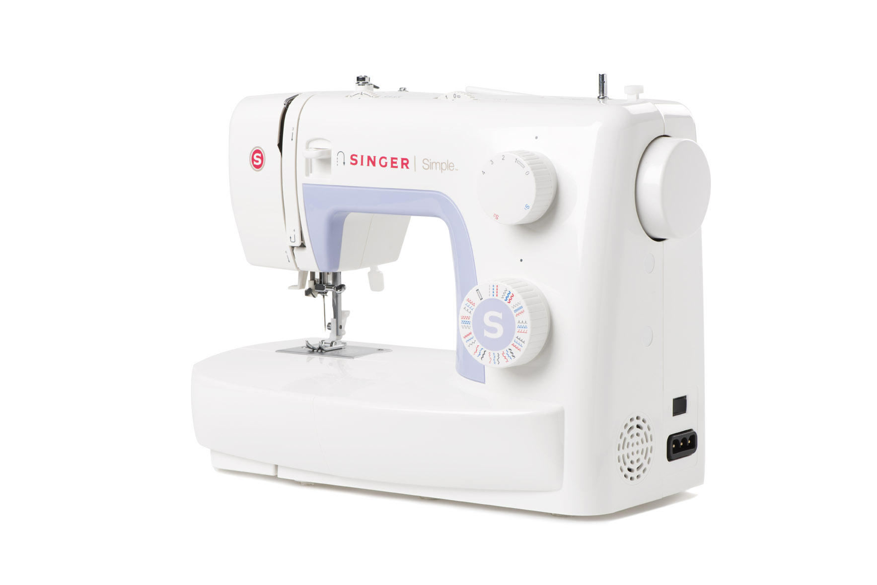 Eine weiße Singer Simple Nähmaschine mit blauen Details auf weißem Hintergrund.