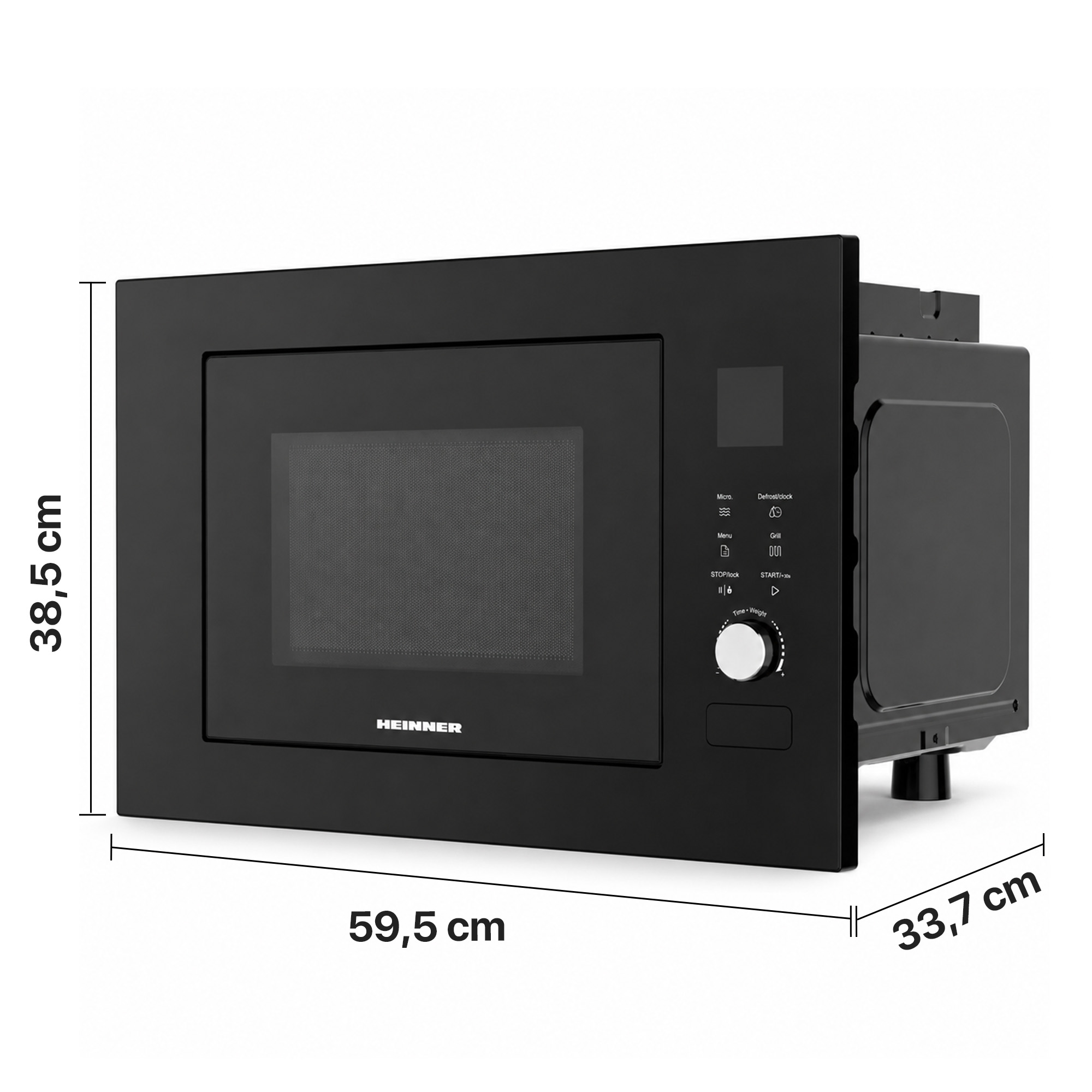 Black Heinner built-in microwave with dimensions 38.5x59.5x33.7 cm and a digital control panel on white background.