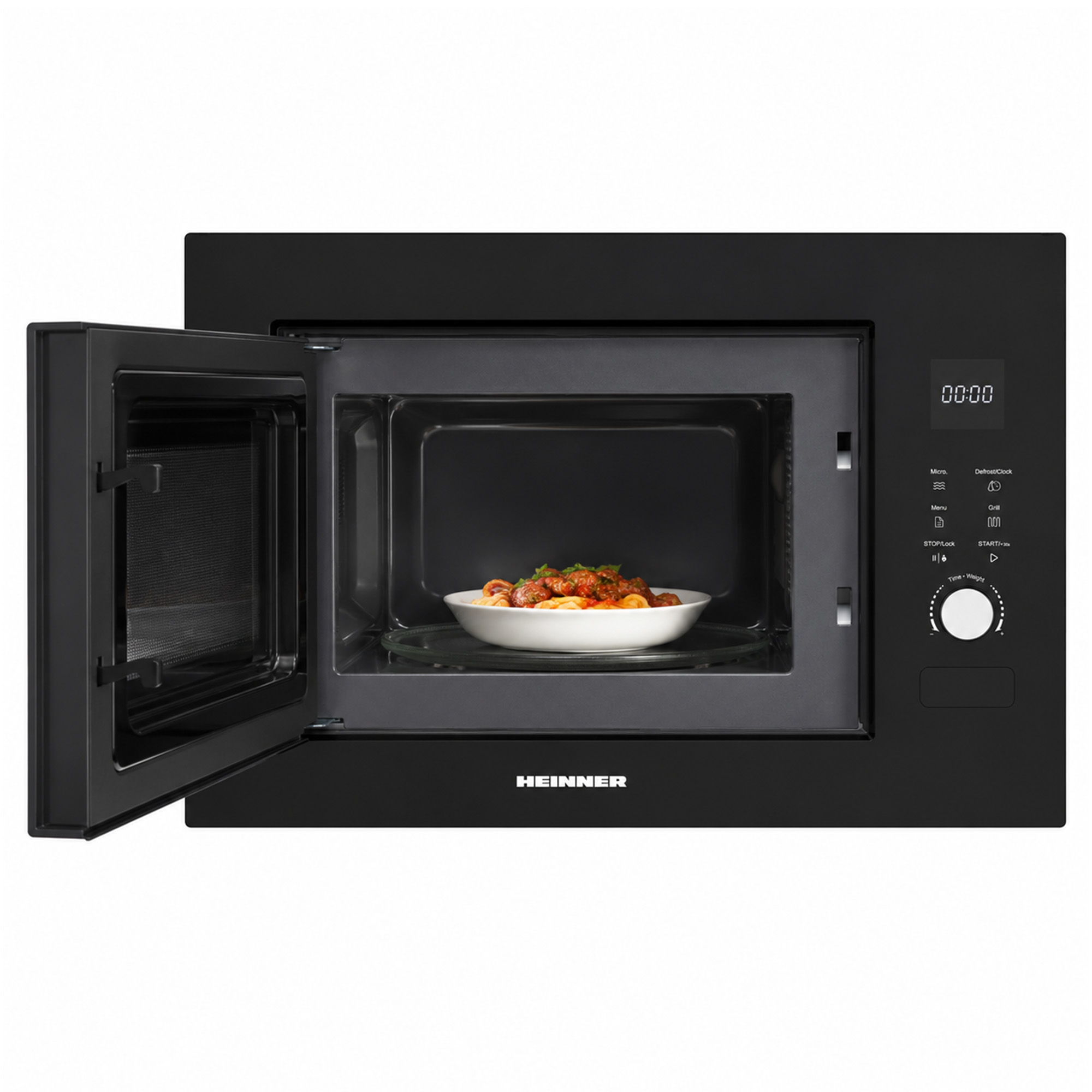 A black built-in microwave with the door open, containing a bowl of pasta with meatballs inside.