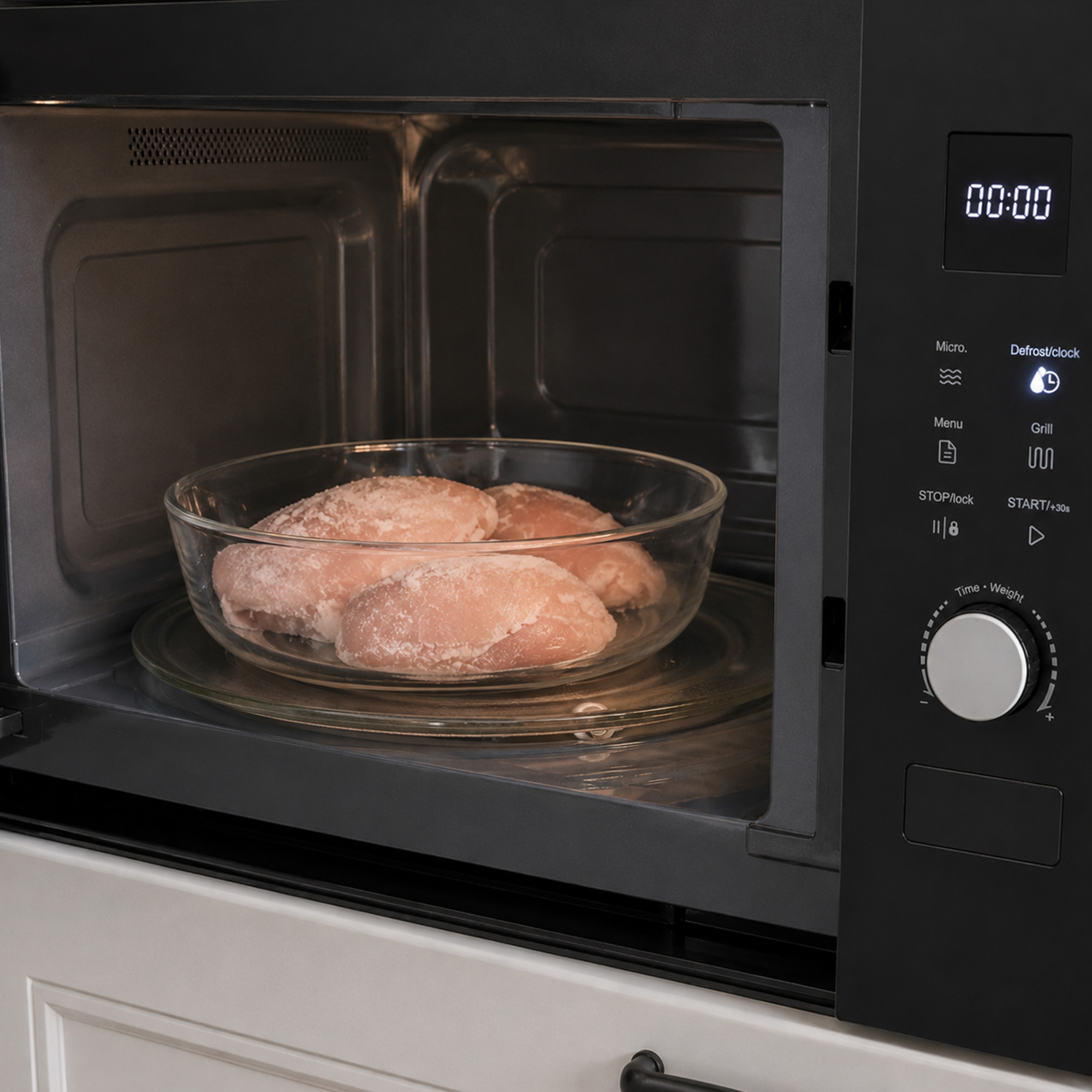 Frozen chicken breasts in a glass bowl inside a black microwave oven.