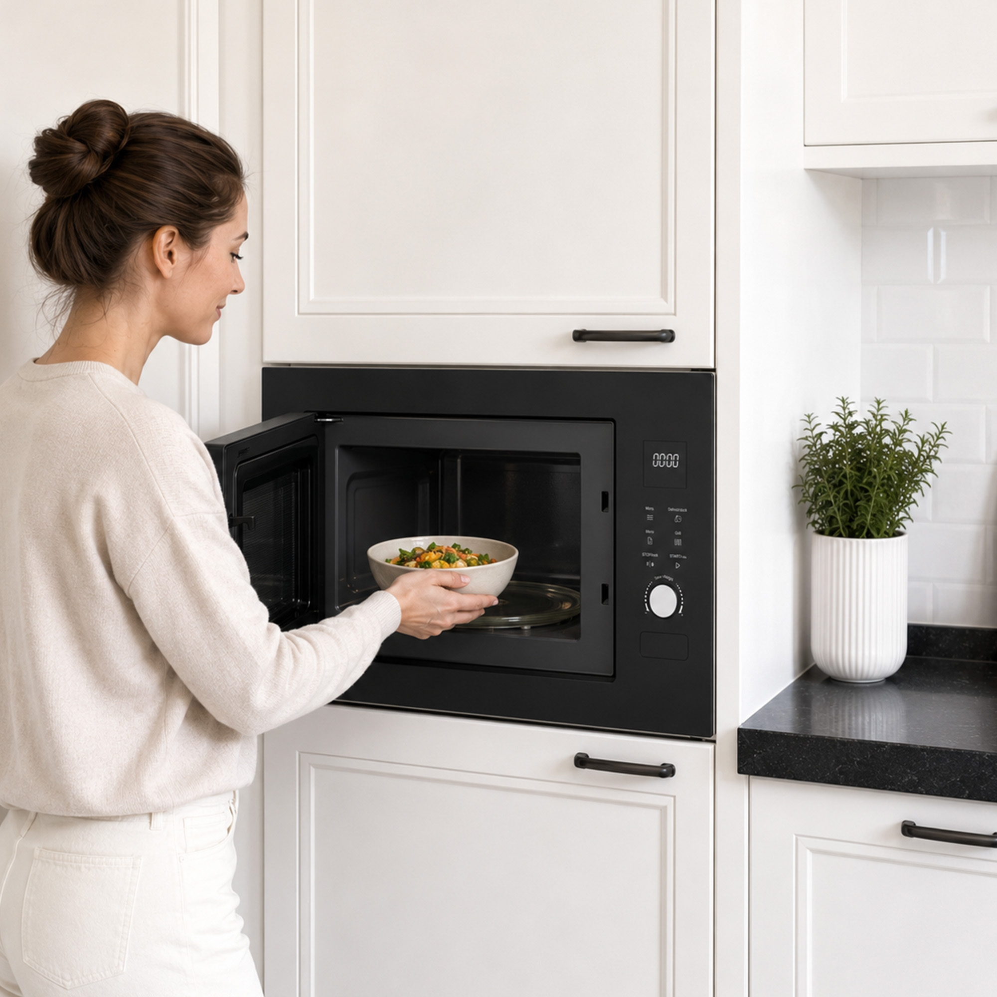A woman in white places a bowl of food into a built-in black microwave in a white kitchen.