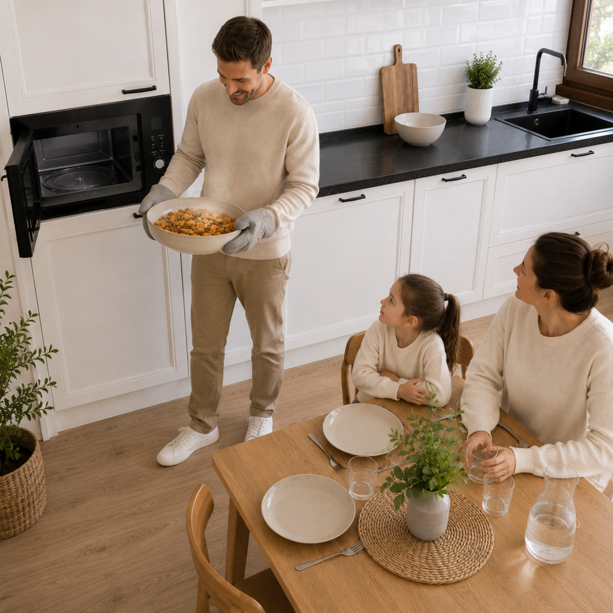 A father takes a casserole from the oven while a mother and daughter wait at the dining table.