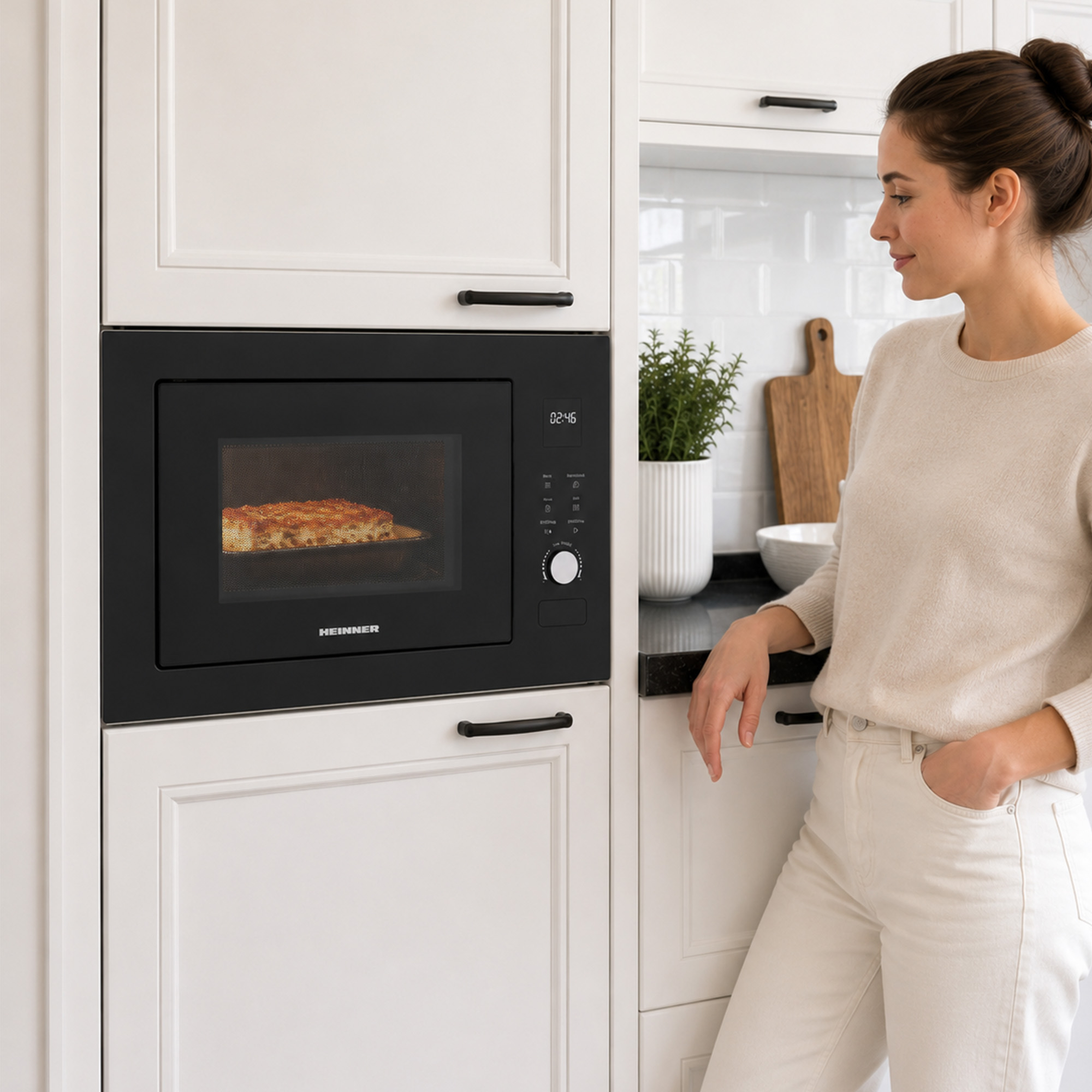 Une femme vêtue de blanc s'appuie sur un comptoir dans une cuisine moderne, regardant un four encastré.