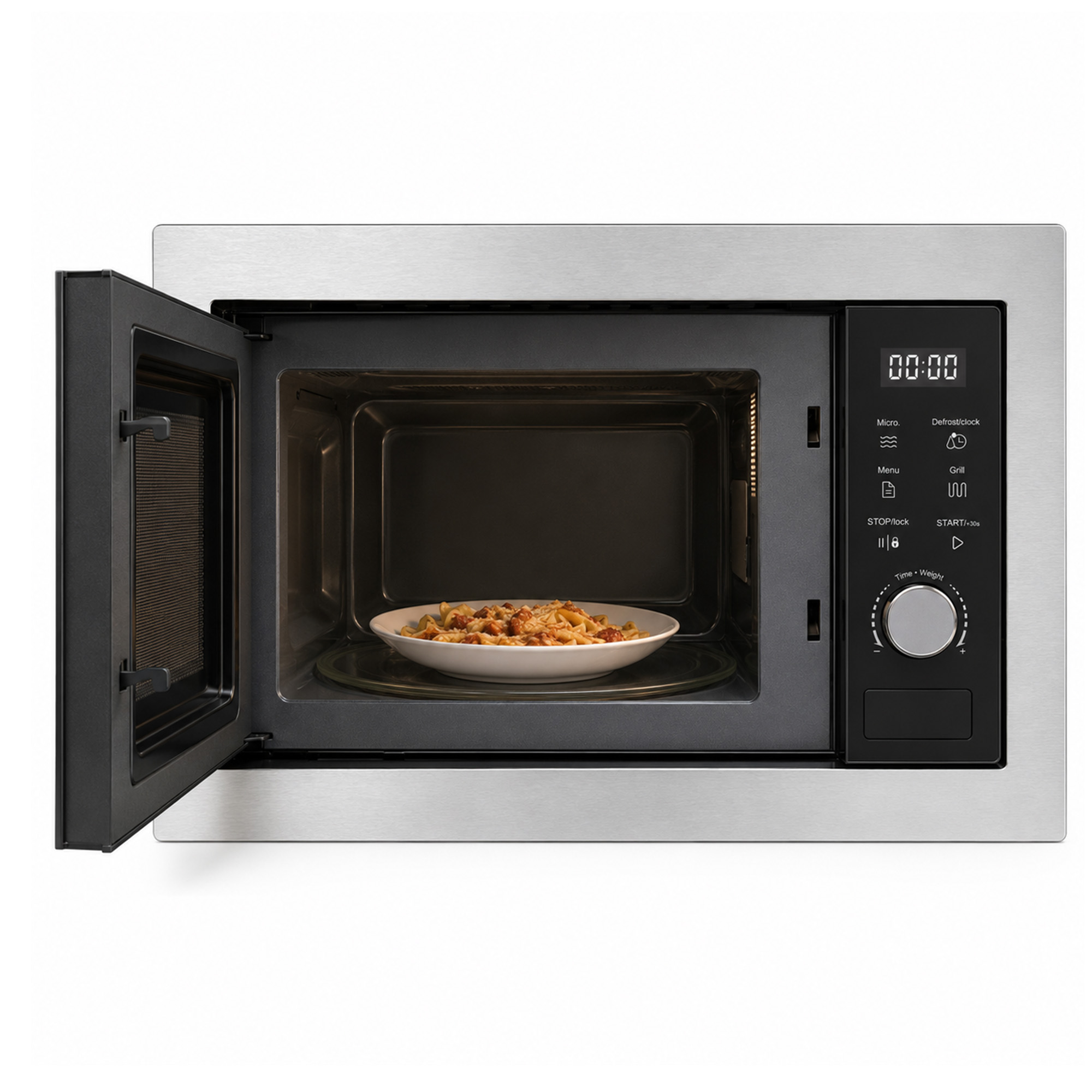 An open stainless steel microwave with a plate of pasta inside.