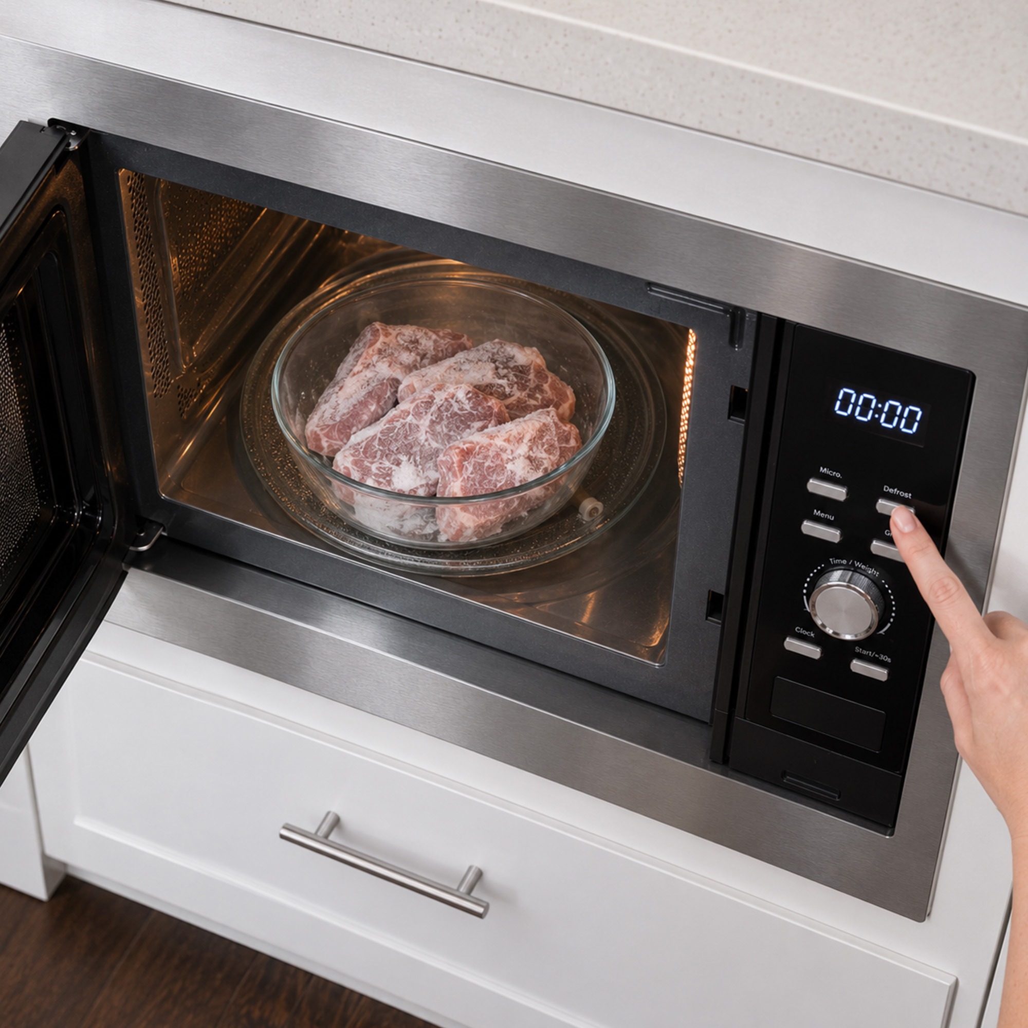 A hand presses a microwave button, with raw meat in a glass bowl inside the open appliance.