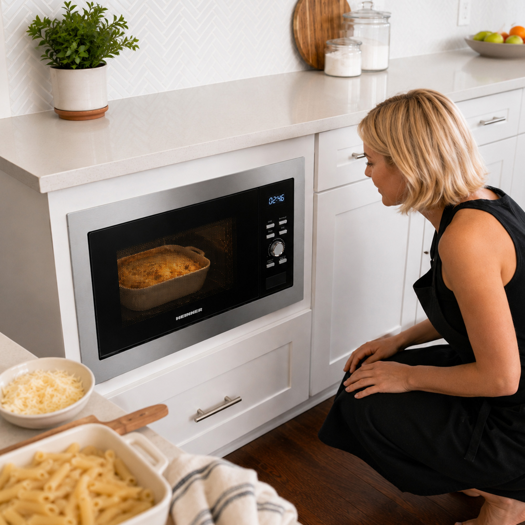 Eine blonde Frau in schwarzer Schürze kniet, um in eine Mikrowelle mit Auflaufform zu schauen.