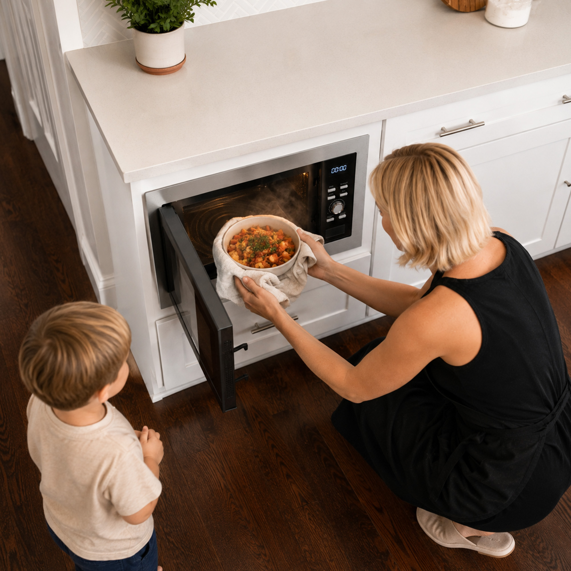 A woman kneels in a white kitchen, taking a warm dish from a built-in microwave as a young boy watches.