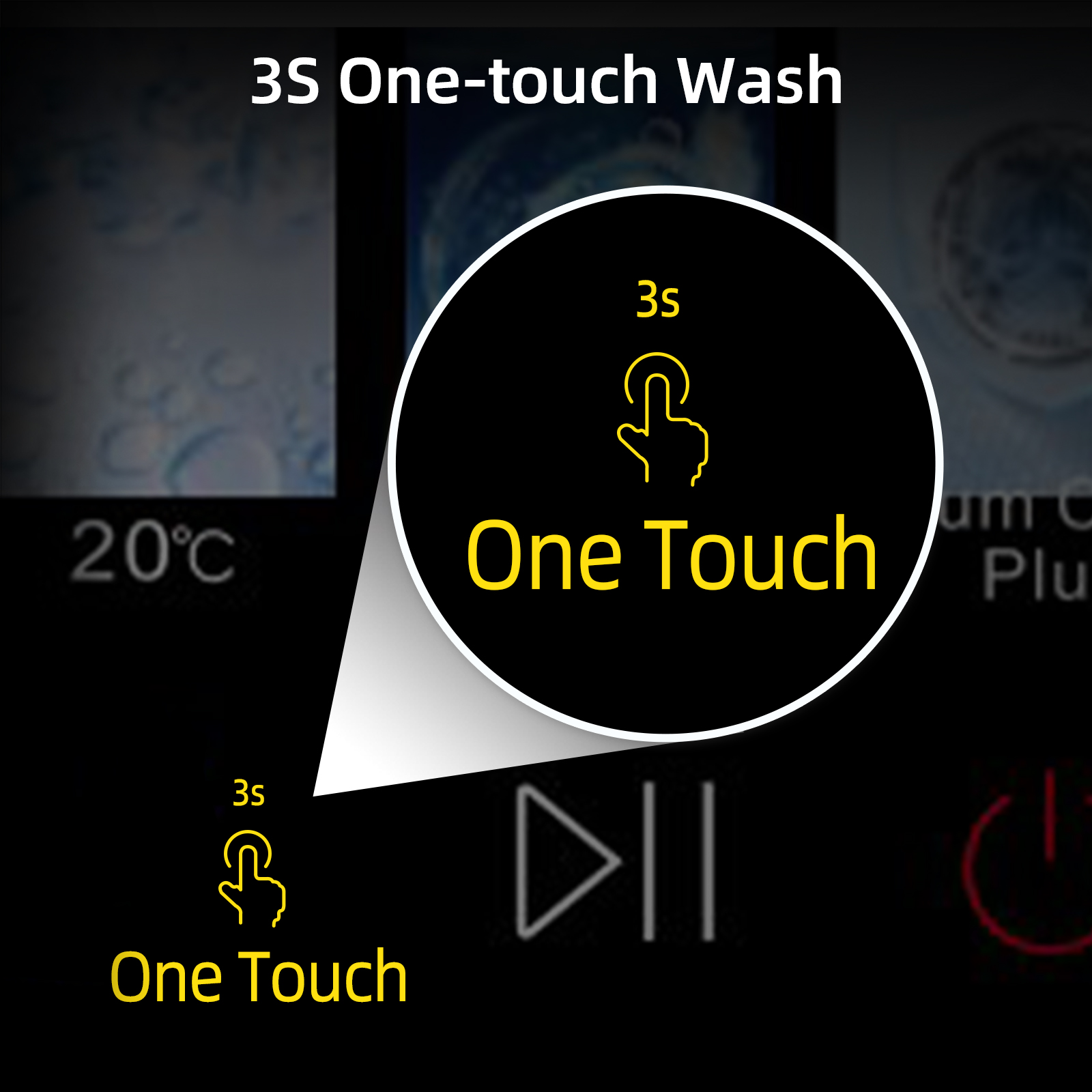 Display mit 3S One-Touch-Waschfunktion, Lupe zeigt Berührungssymbol.