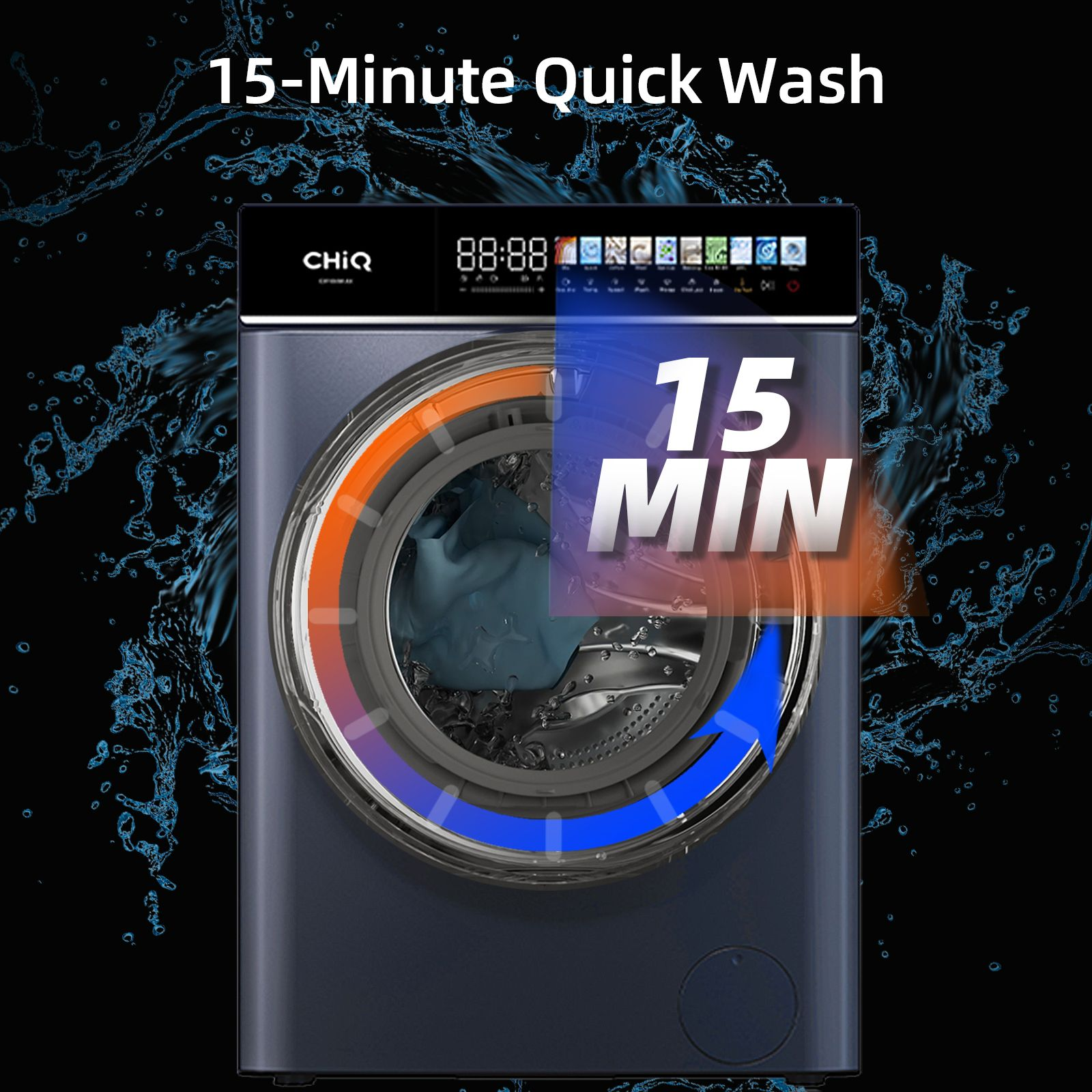 Dunkelblaue CHiQ Waschmaschine mit 15-Minuten-Schnellwaschprogramm und Wasserspritzern im Hintergrund.
