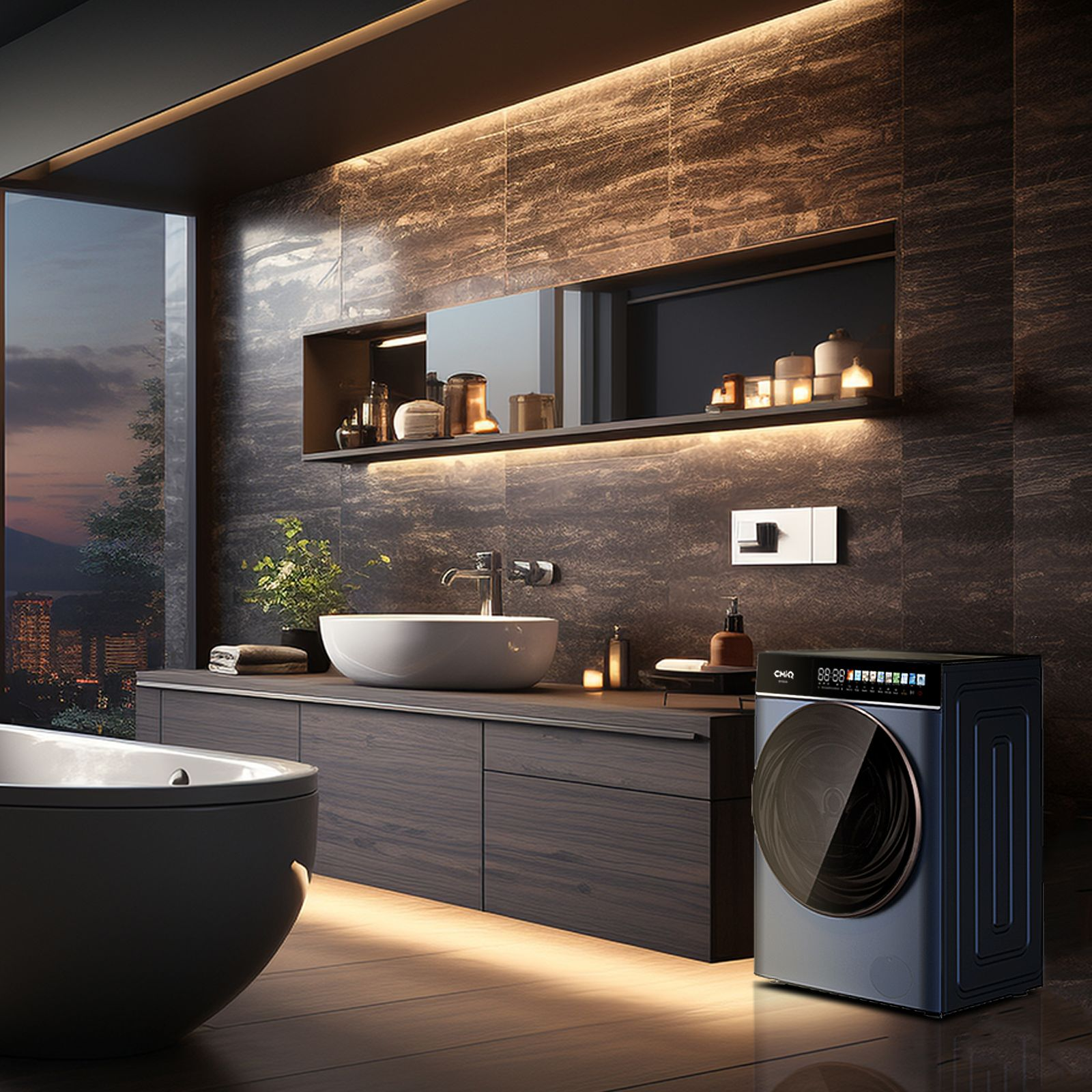 Luxuriöses Badezimmer mit dunklen Fliesen, Badewanne, Waschbecken, beleuchtetem Regal und einer grauen Waschmaschine.