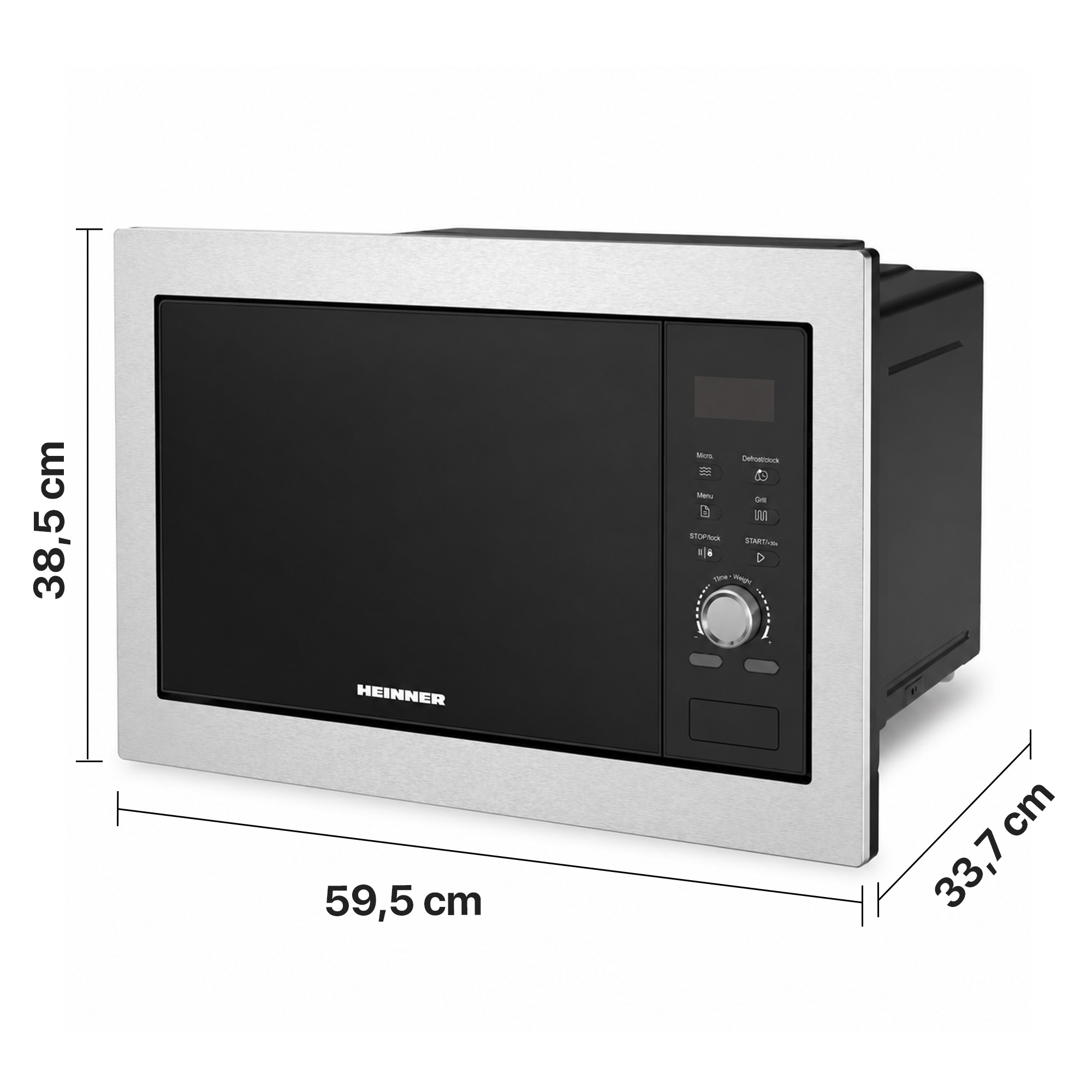 A built-in black and silver microwave with dimensions 59.5 cm width, 38.5 cm height, and 33.7 cm depth displayed.