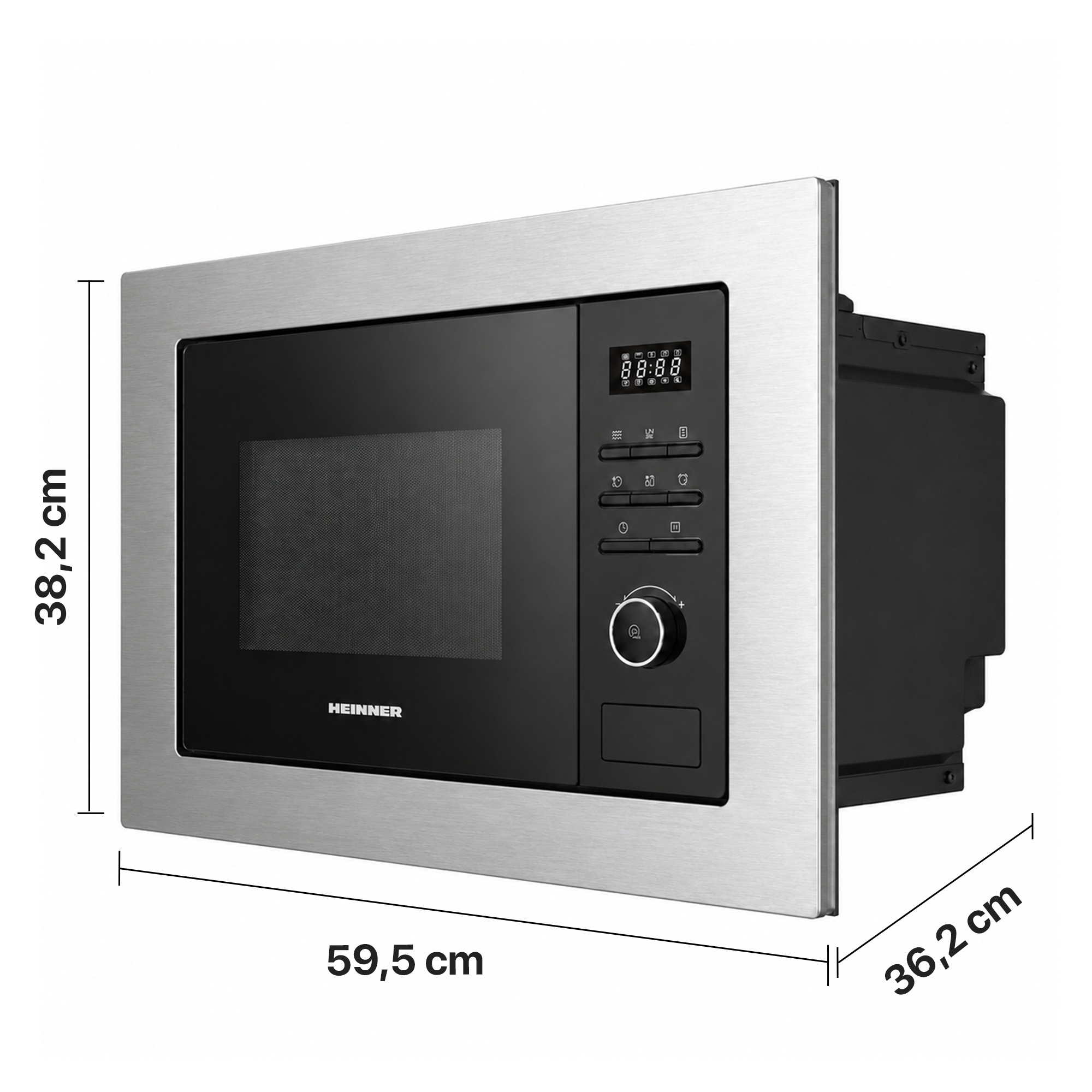 Built-in stainless steel microwave oven with black elements and dimension labels in cm on a white background.