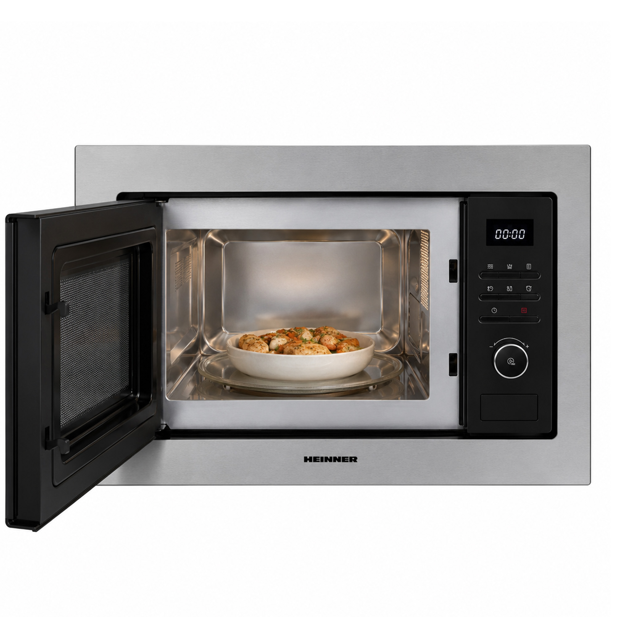 Built-in stainless steel microwave oven with open door and a bowl of food inside.