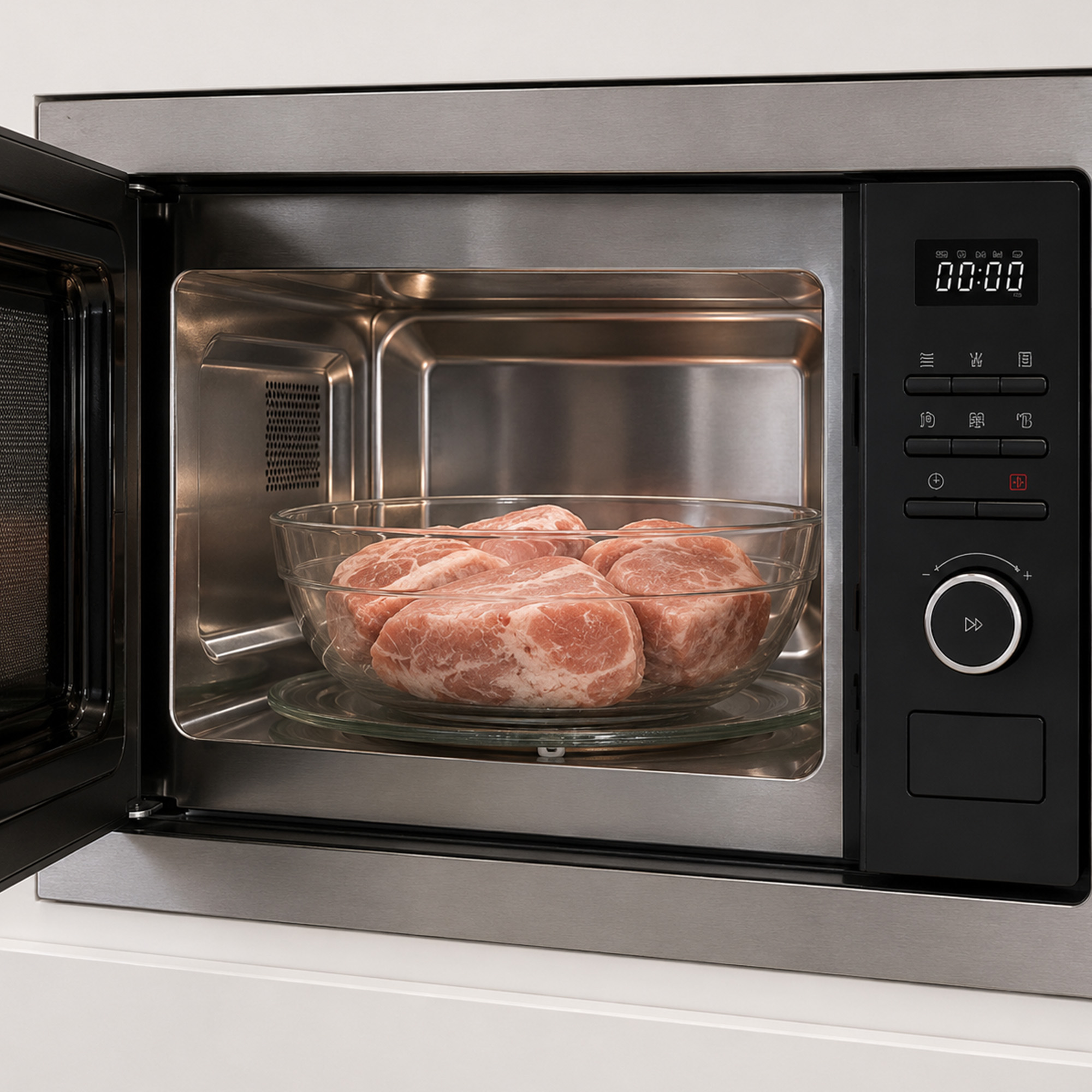 A glass bowl with raw meat inside an open stainless steel microwave.