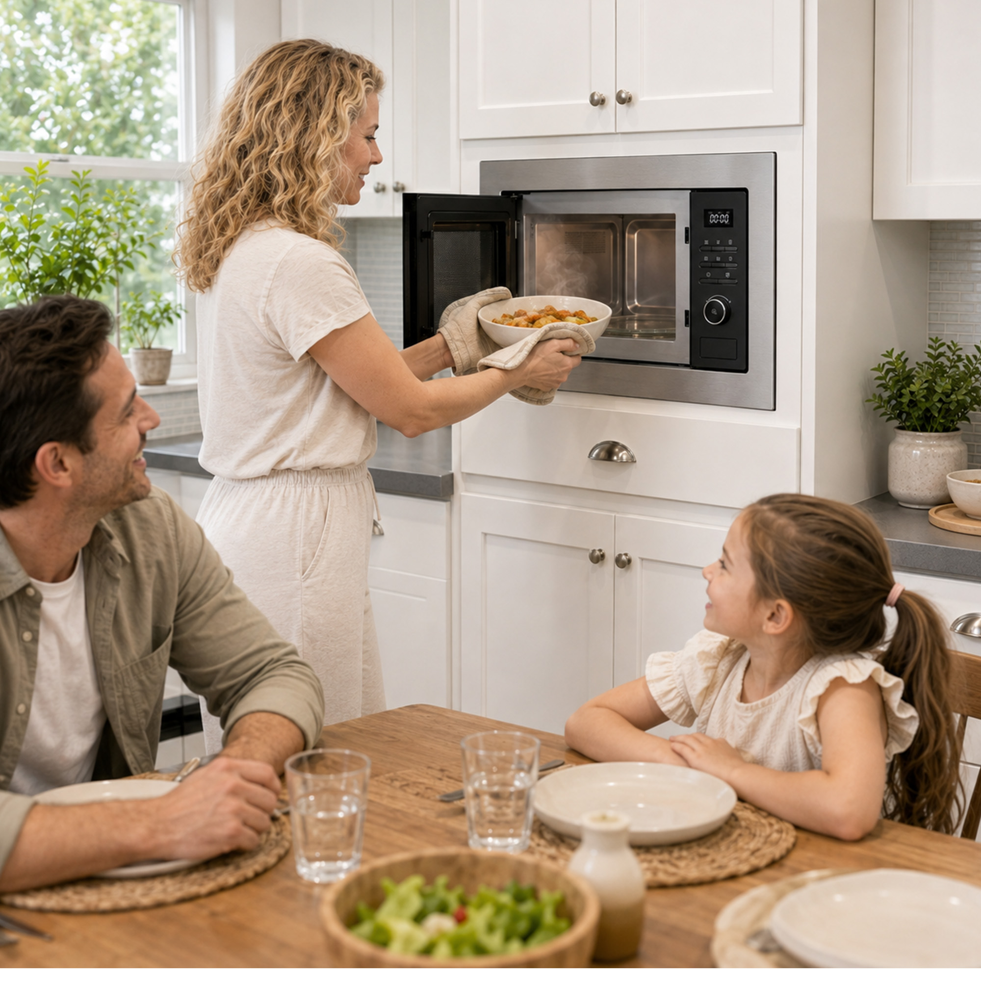 A woman takes a warm bowl from a built-in oven while a man and child watch at a wooden dining table.