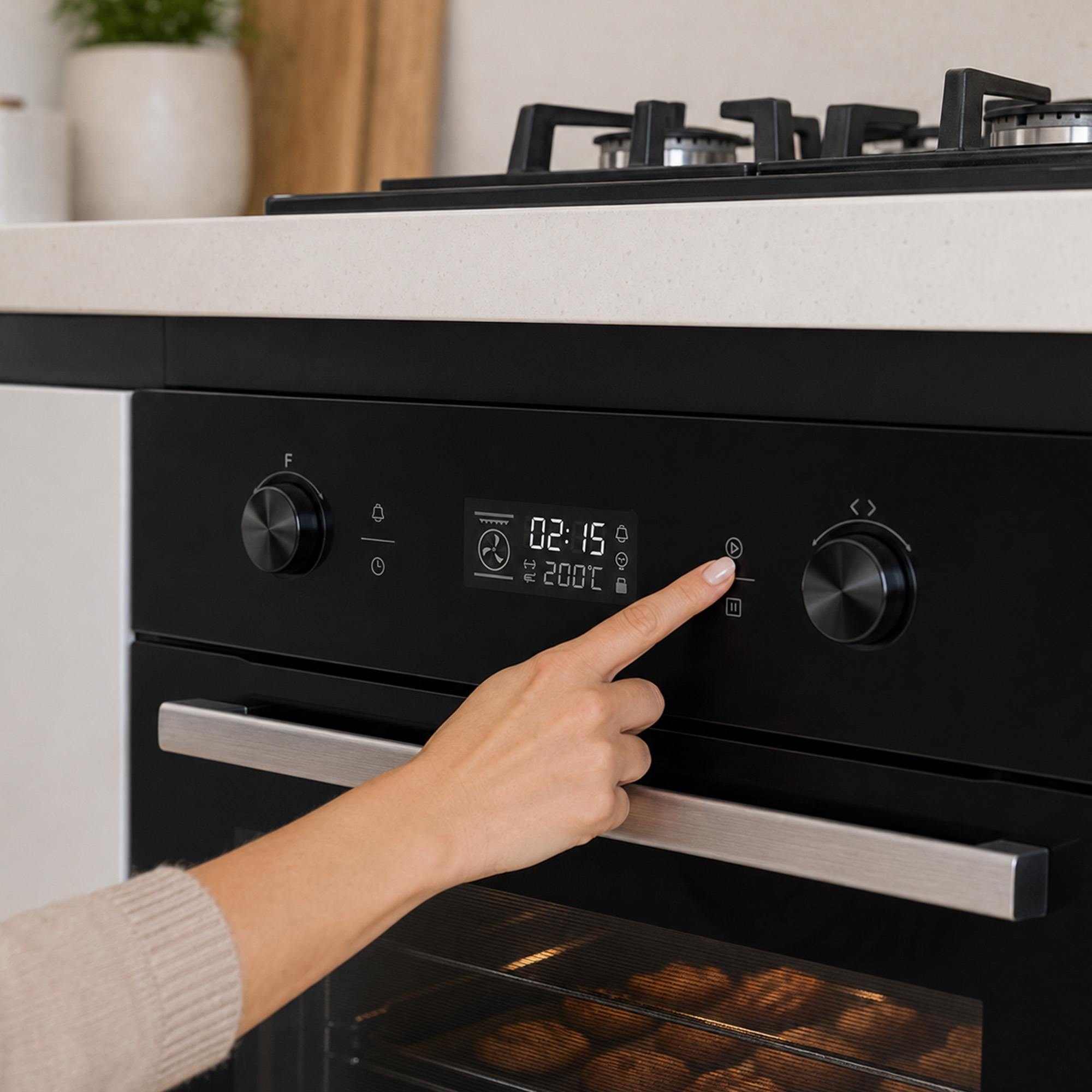 Eine Hand bedient das Touch-Bedienfeld eines schwarzen Einbauofens mit digitaler Anzeige für Zeit und Temperatur.