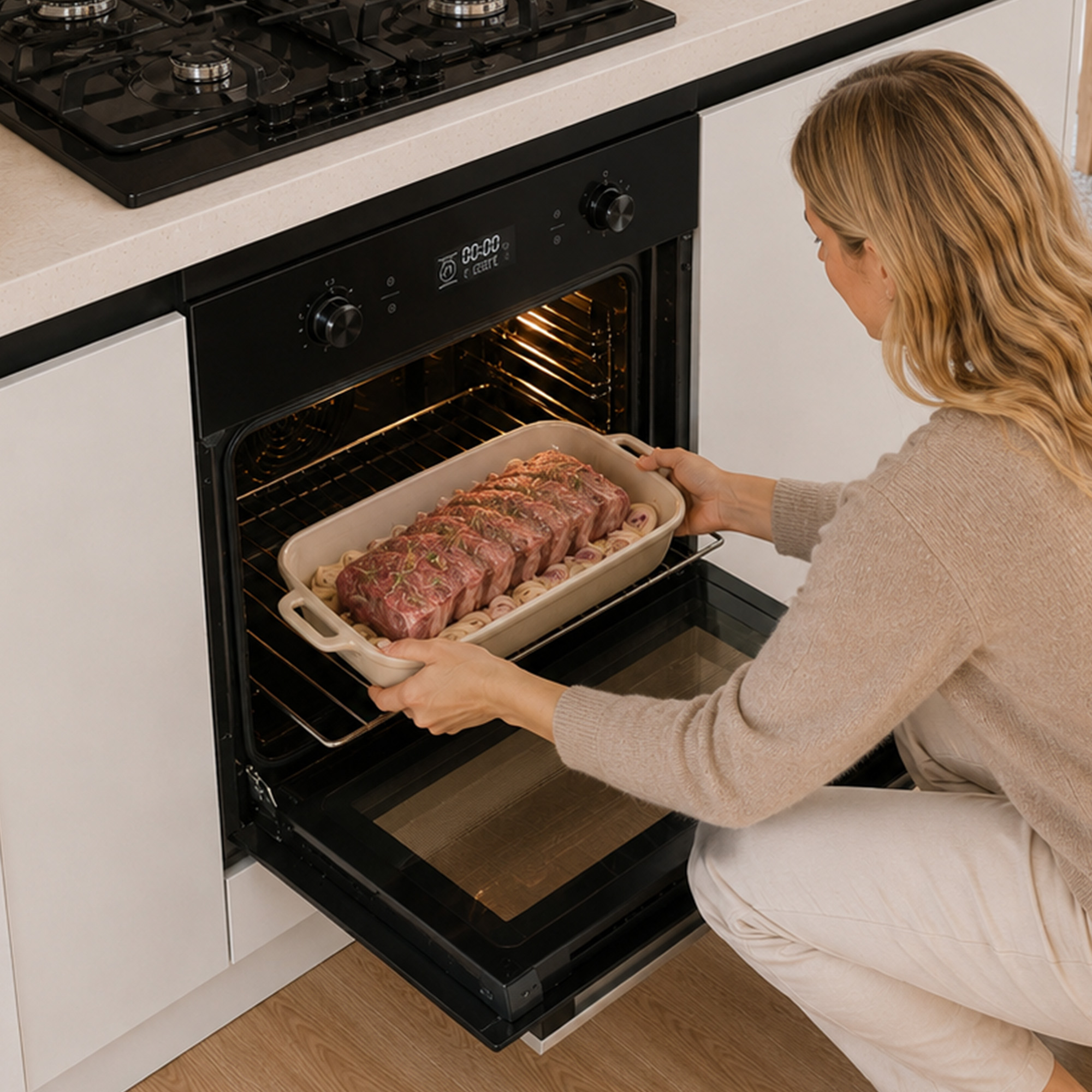 Eine blonde Frau schiebt eine Auflaufform mit rohem Fleisch in den Ofen.