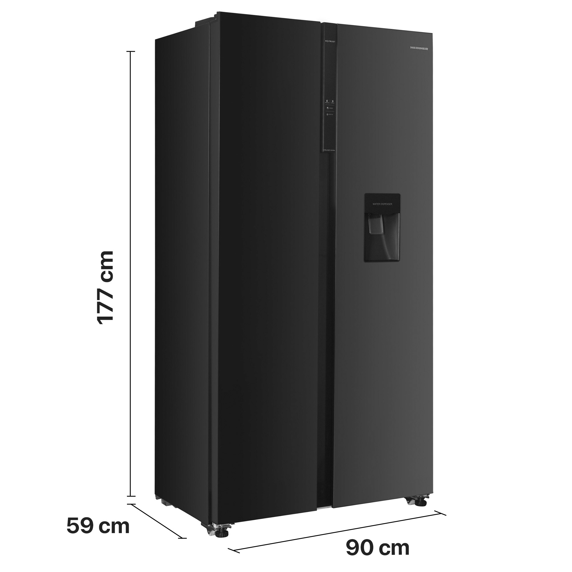 Ein schwarzer Side-by-Side-Kühlschrank mit Wasserspender, 177 cm Höhe, 90 cm Breite und 59 cm Tiefe.