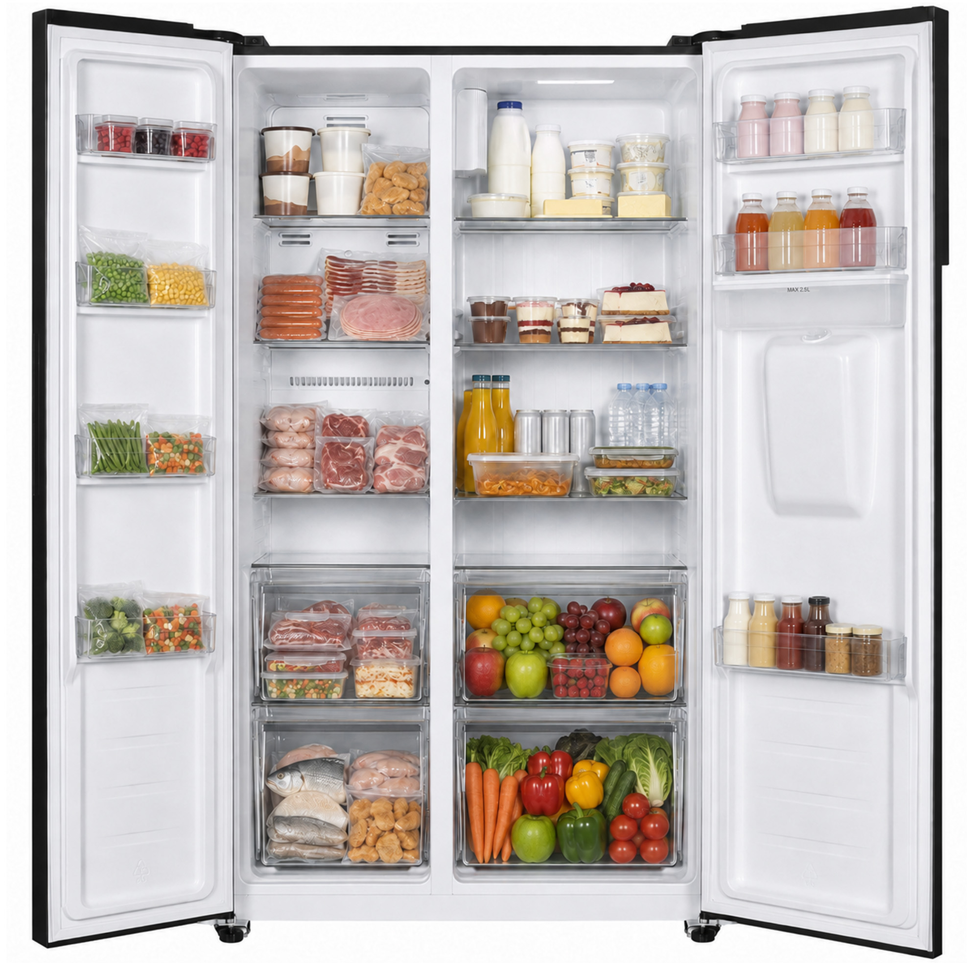 Offener Kühlschrank mit voll gefüllten Regalen und Türen voller Getränke, Fleisch, Obst und Gemüse.
