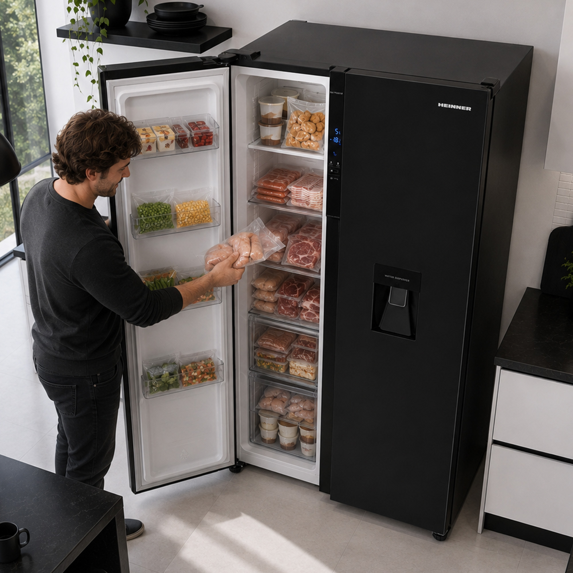 Ein Mann nimmt ein Paket Fleisch aus einem geöffneten, großen schwarzen Kühlschrank in einer modernen Küche.