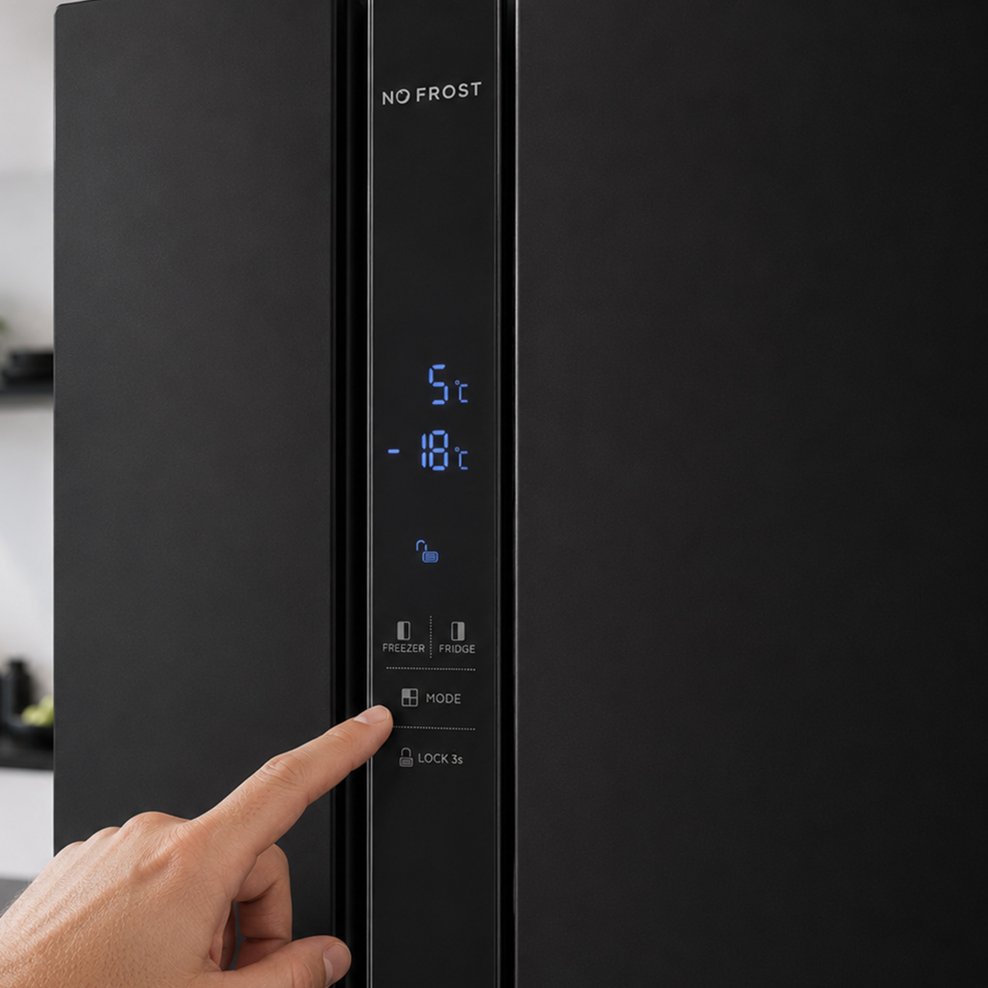Eine Hand tippt auf die digital Touch-Anzeige eines schwarzen No-Frost-Kühlschranks.