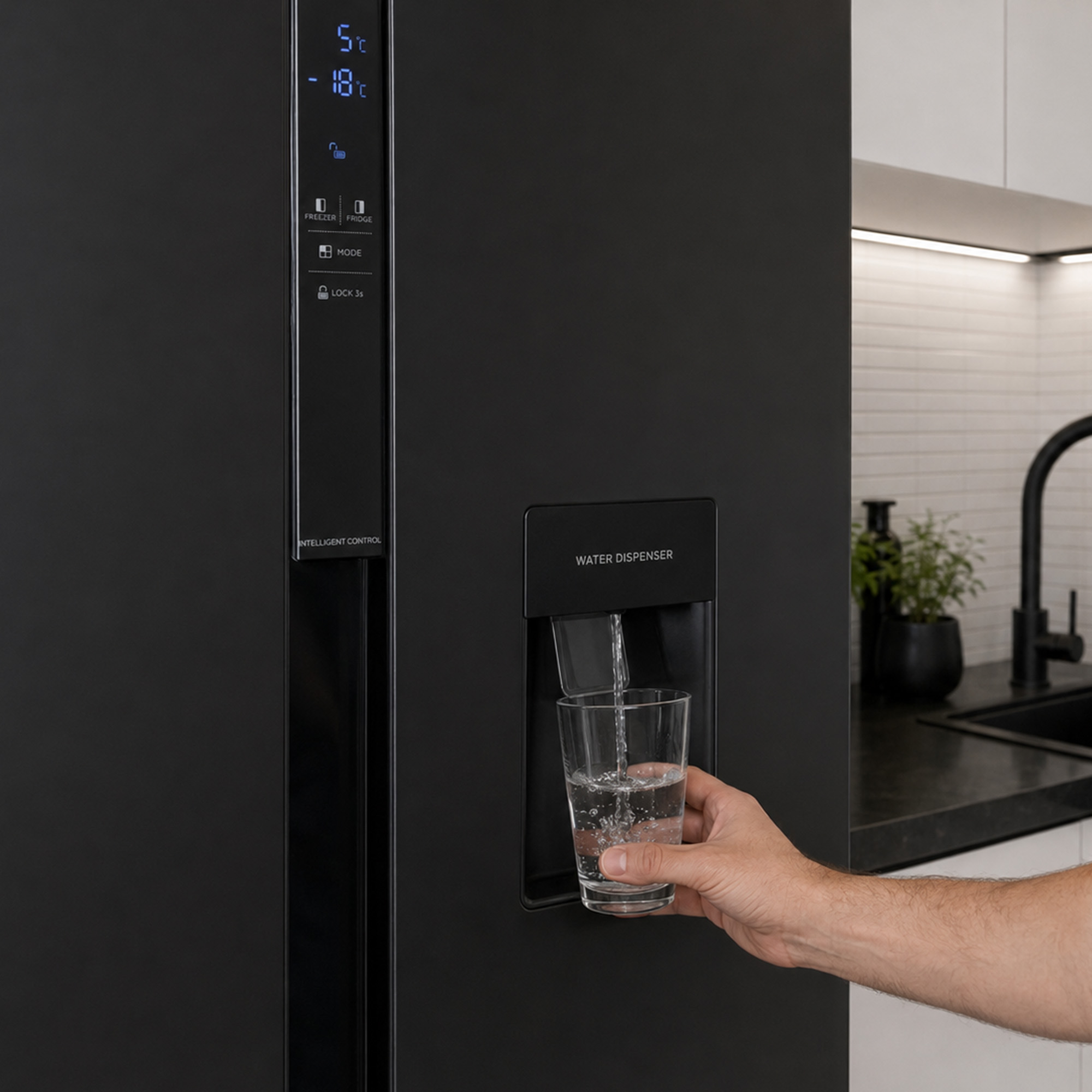 Eine Hand füllt ein Glas mit Wasser aus einem Spender an einem schwarzen Kühlschrank in einer modernen Küche.