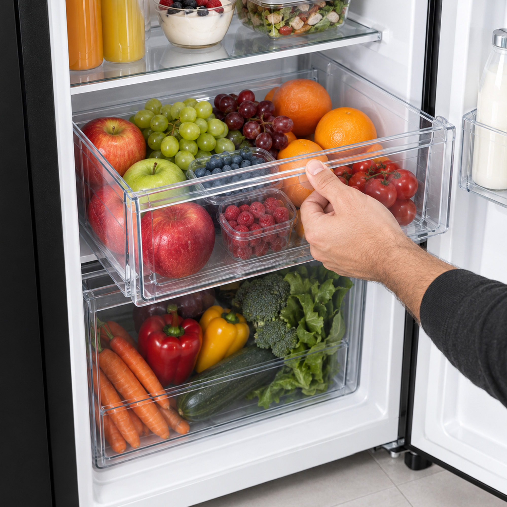Eine Hand öffnet eine transparente Kühlschublade voller frischem Obst und Gemüse.