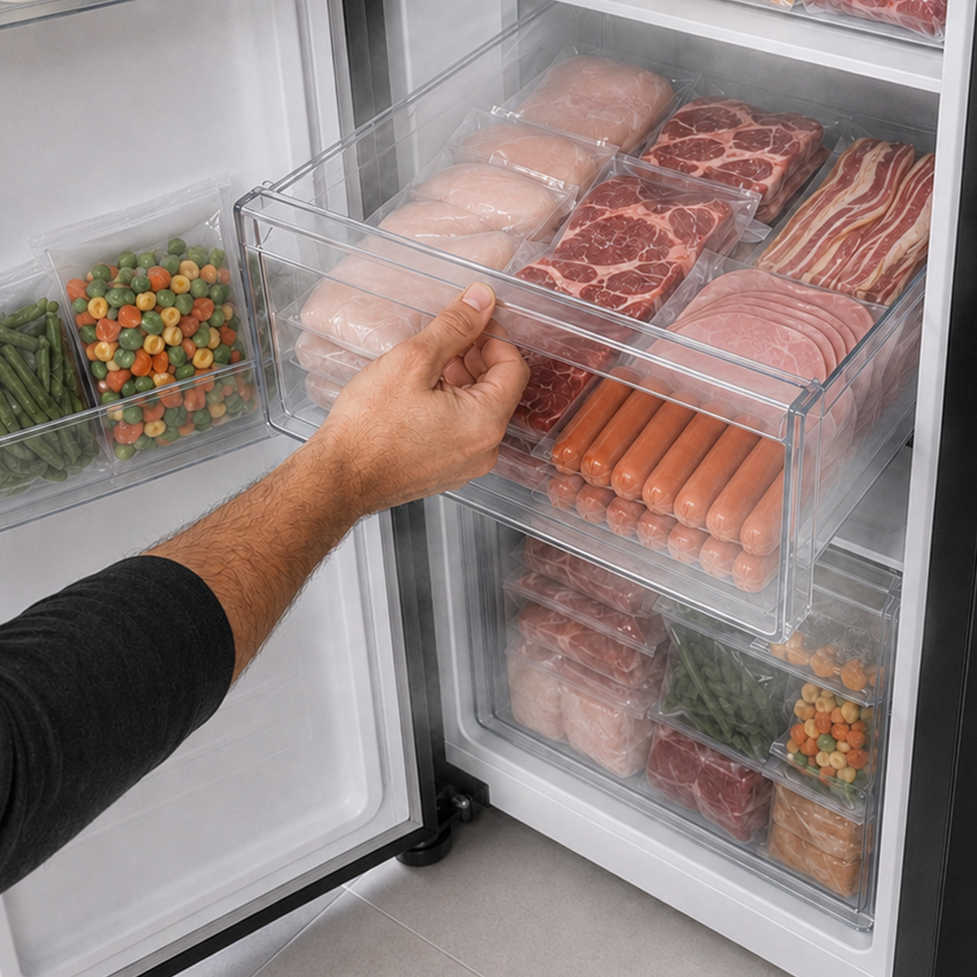 Eine Hand öffnet eine Gefrierschublade mit abgepacktem Fleisch, Geflügel, Würstchen und Gemüse.