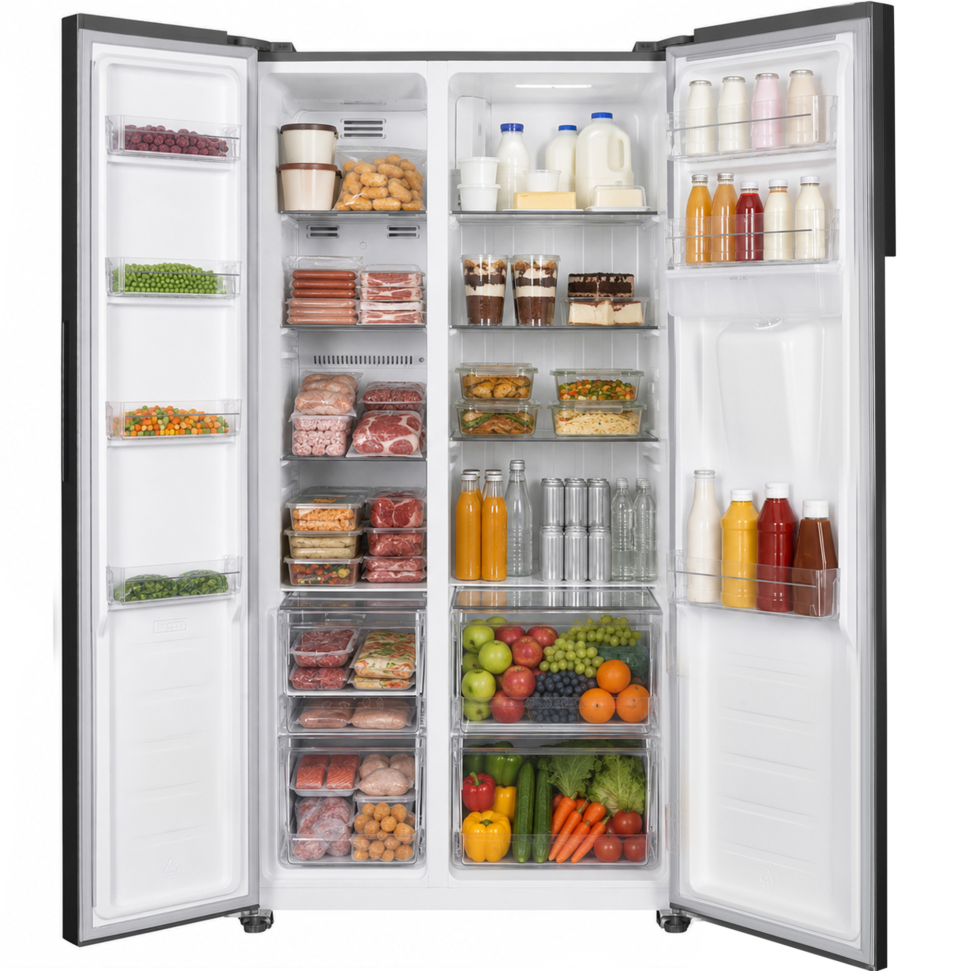 A fully packed, open American-style refrigerator with food, drinks, fruits, and vegetables stocked on all shelves.