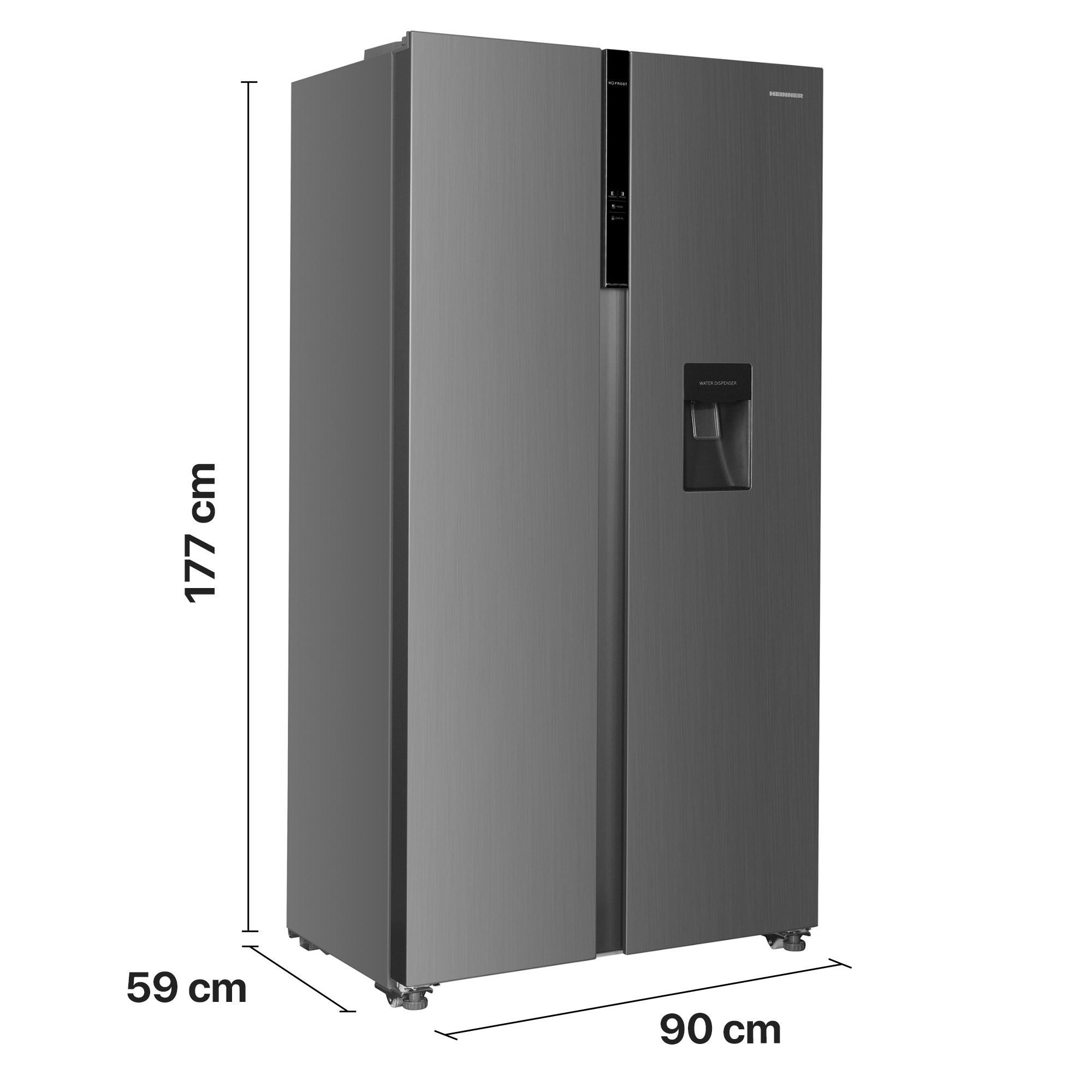 Gray side-by-side refrigerator with water dispenser, measuring 177x90x59 cm.