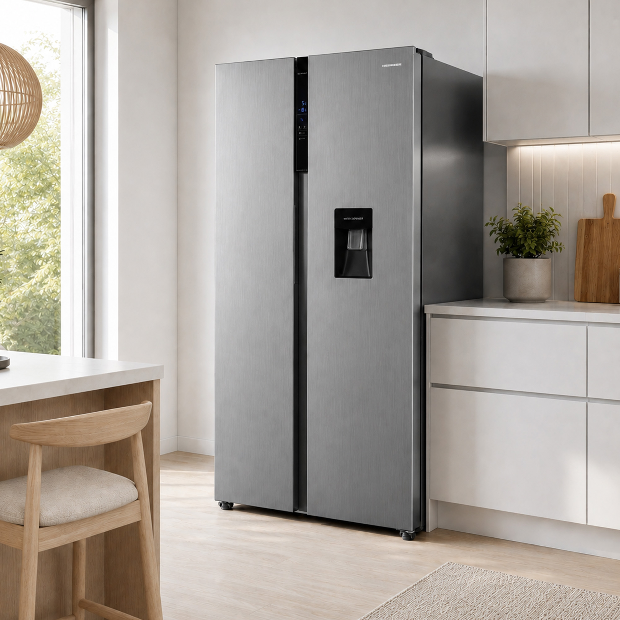 A modern silver side-by-side refrigerator stands in a bright, clean kitchen with white cabinets and wooden floors.