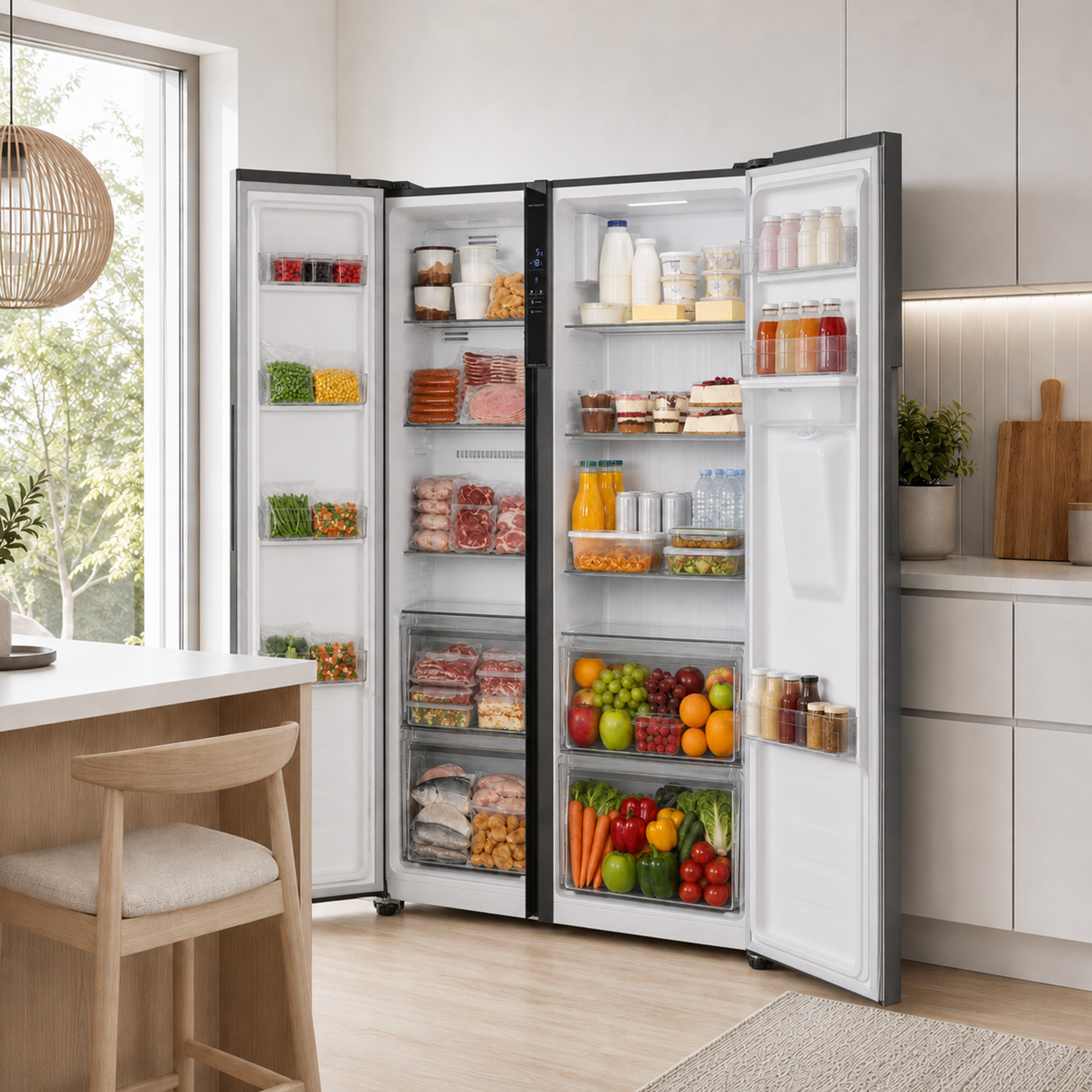 An open multi-door refrigerator filled with fresh produce, dairy, meats, and beverages in a bright modern kitchen.