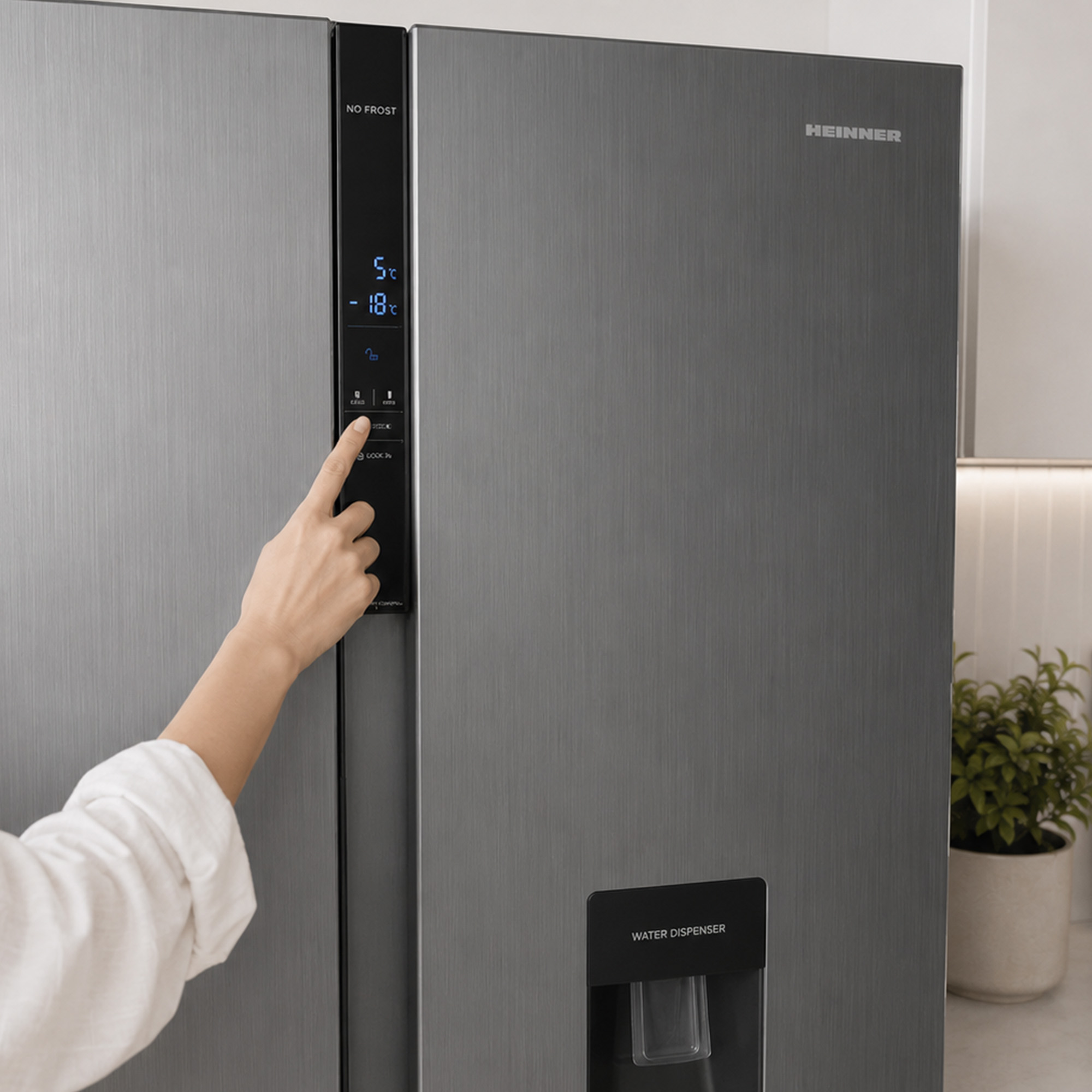 A hand operates the digital touch panel of a grey Heinner refrigerator with a water dispenser.