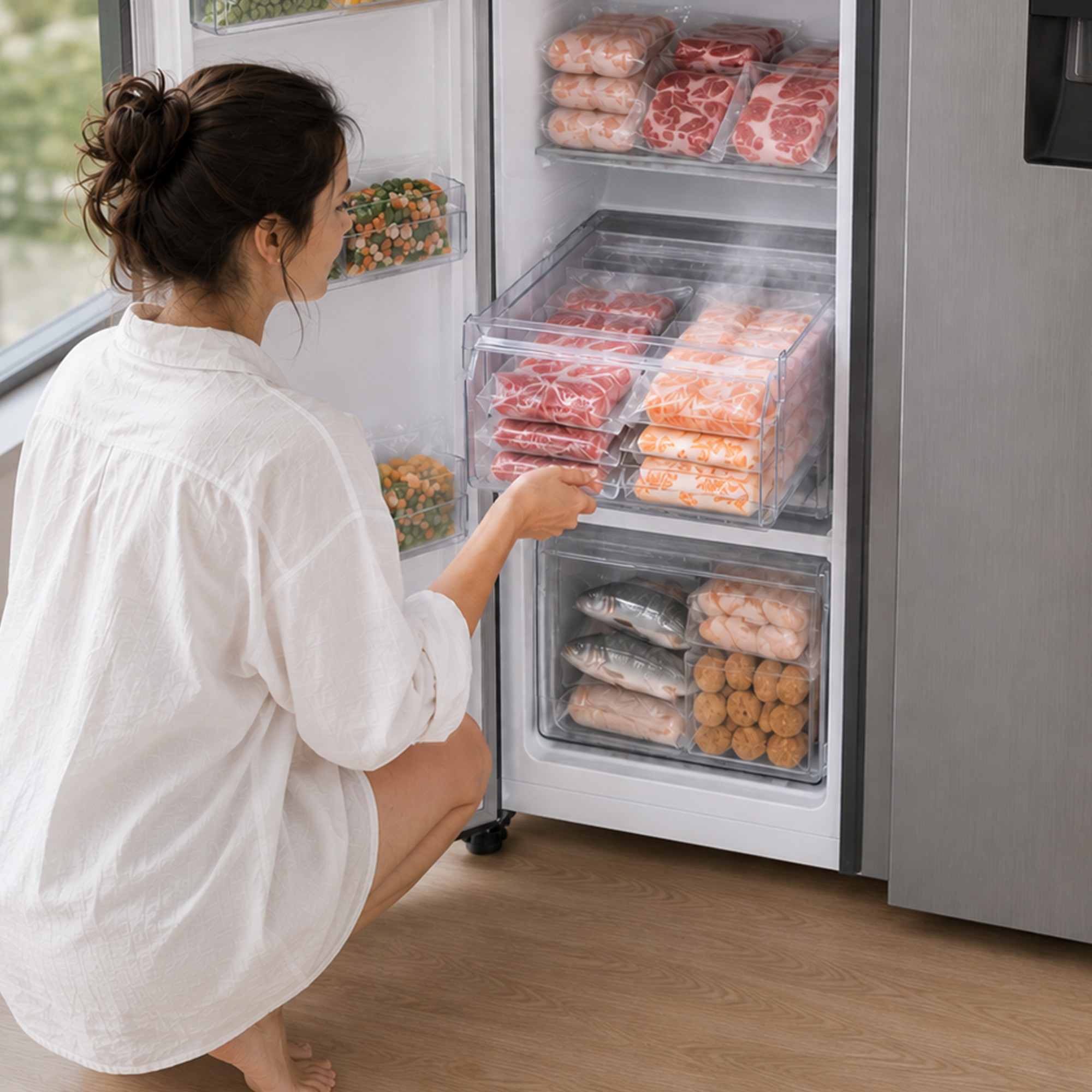 A woman in a white shirt squats and opens a stainless steel refrigerator filled with neatly organized food.