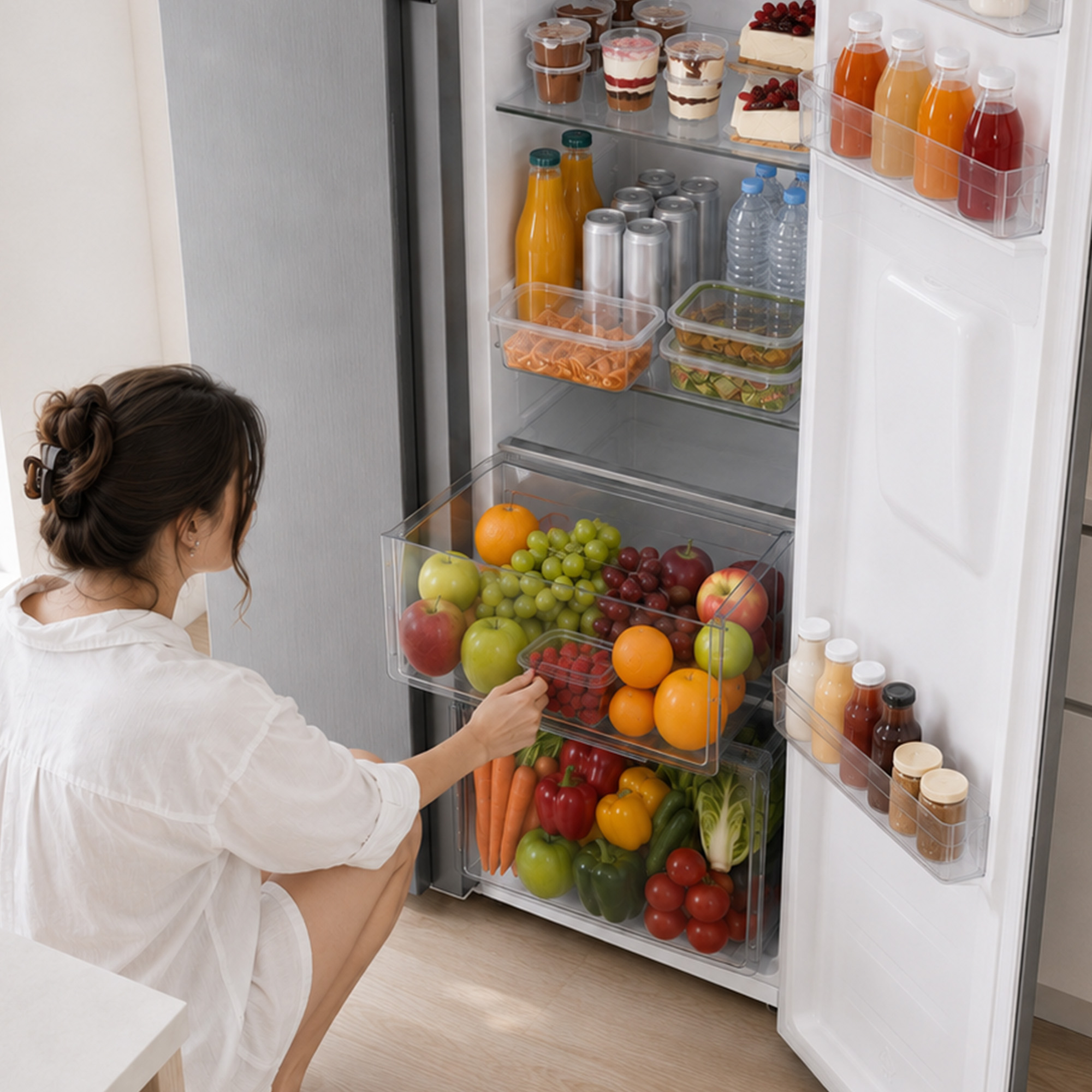 A woman in a white shirt crouching, opens a refrigerator filled with fresh fruits, vegetables, drinks, and snacks.