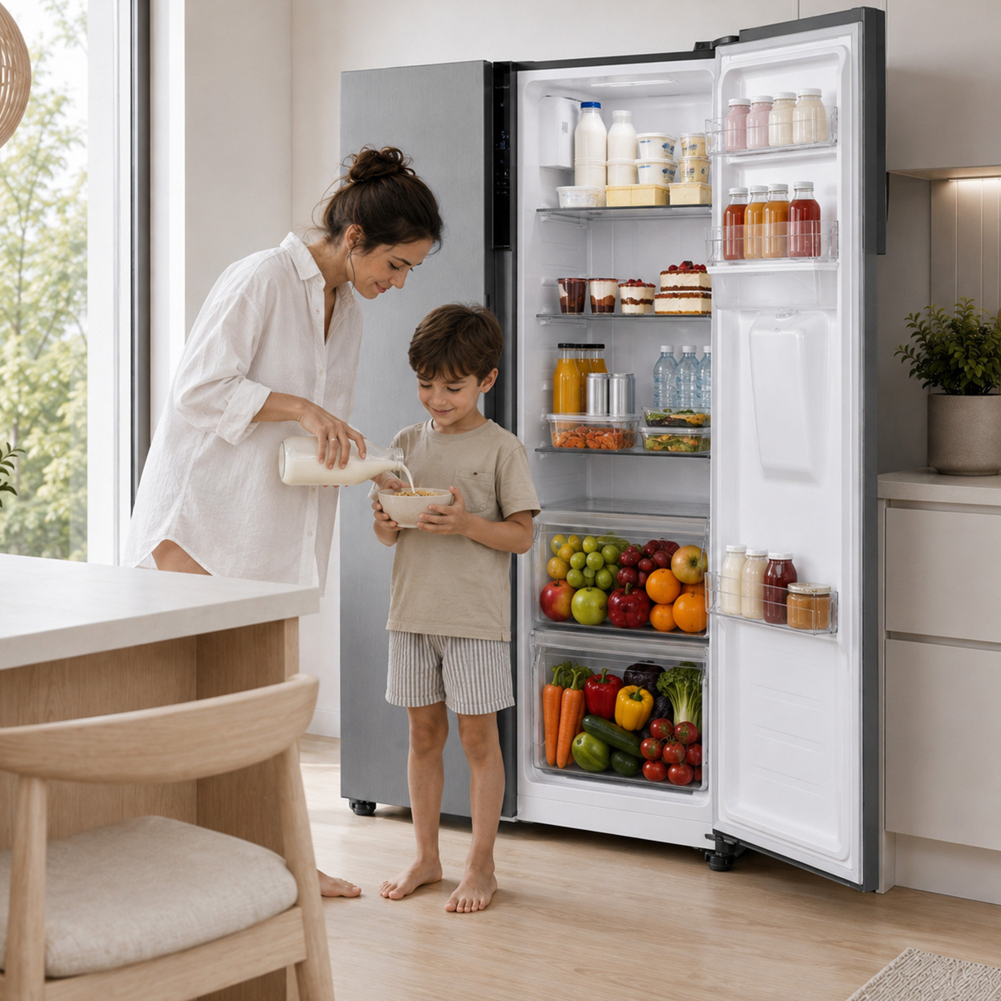 A woman pours milk into a boy's cereal bowl near an open, fully stocked refrigerator in a bright kitchen.