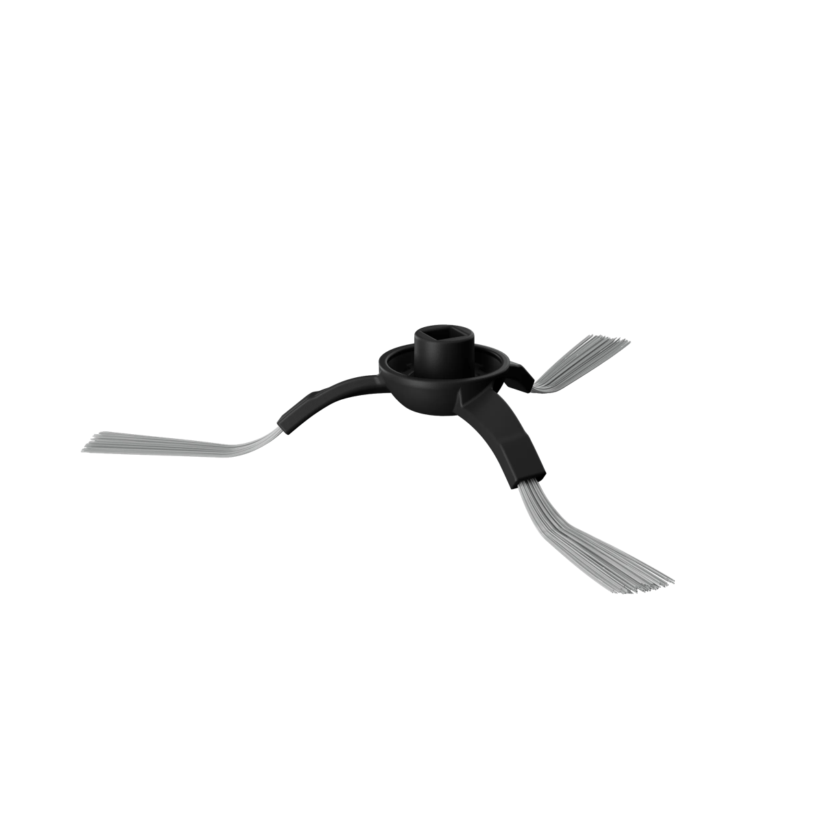 Cepillo lateral negro para aspirador robot con tres brazos de cerdas blancas sobre fondo blanco.