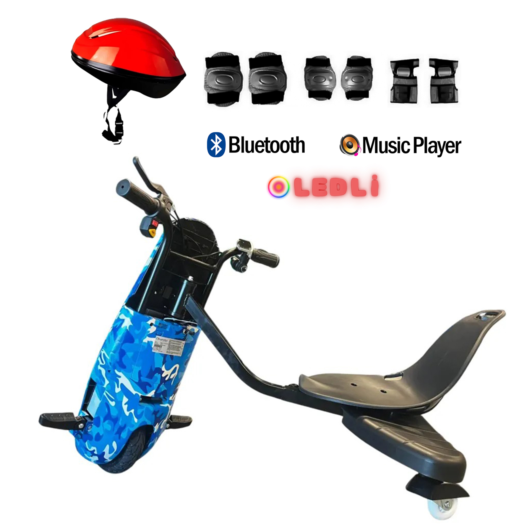 Koltuklu, kırmızı kasklı, korumalı, Bluetooth ve müzik simgeli mavi elektrikli scooter.